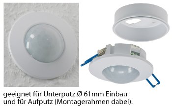 Decken-Einbau-Bewegungsmelder 360° FLAT, PIR, LED geeignet, 8m Detektion, 80x30mm