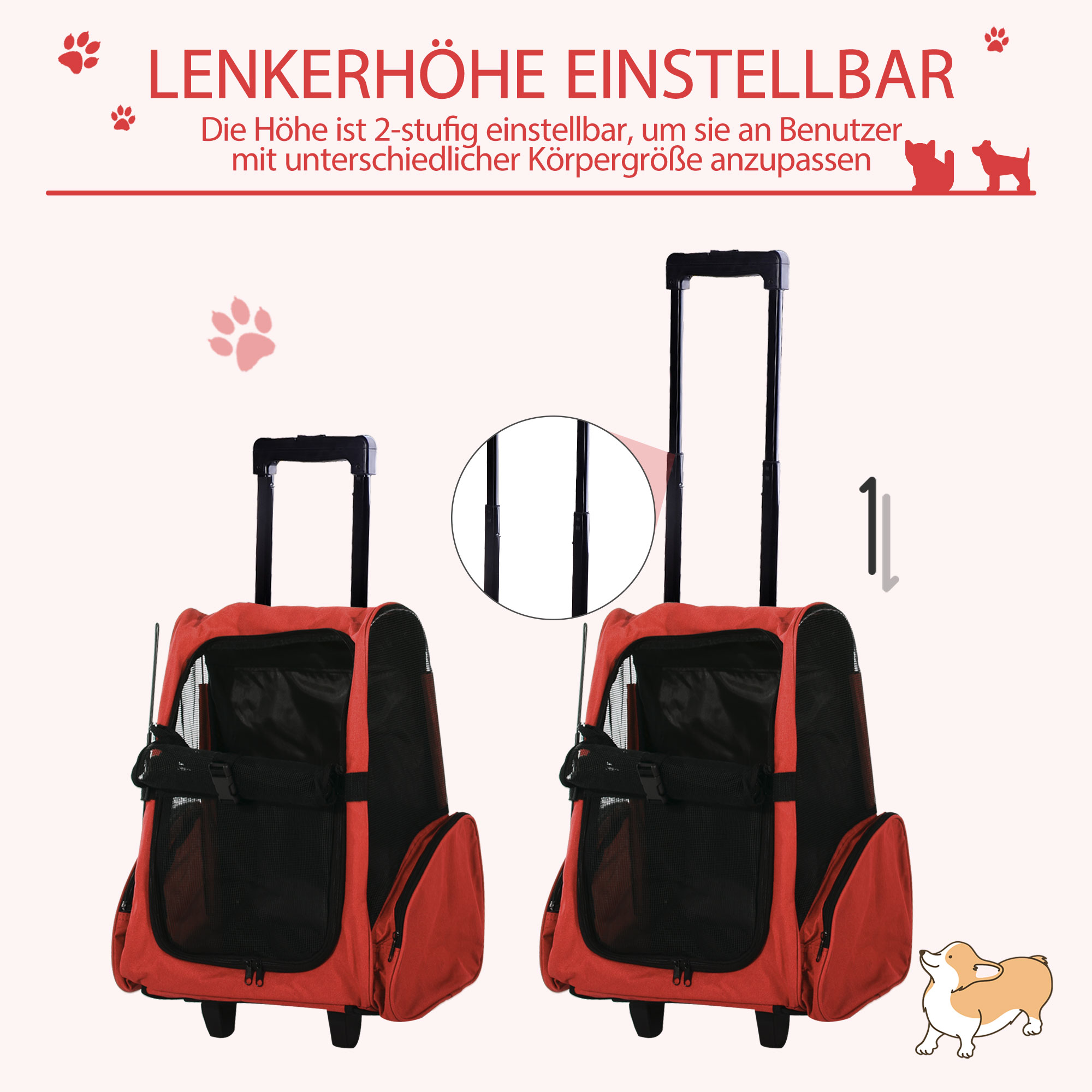 Hundetransporttasche, Haustierrucksack, 2-in-1-Design, ausziehbarer Griff, Seitentaschen, Rot, 42 x 25 x 55cm