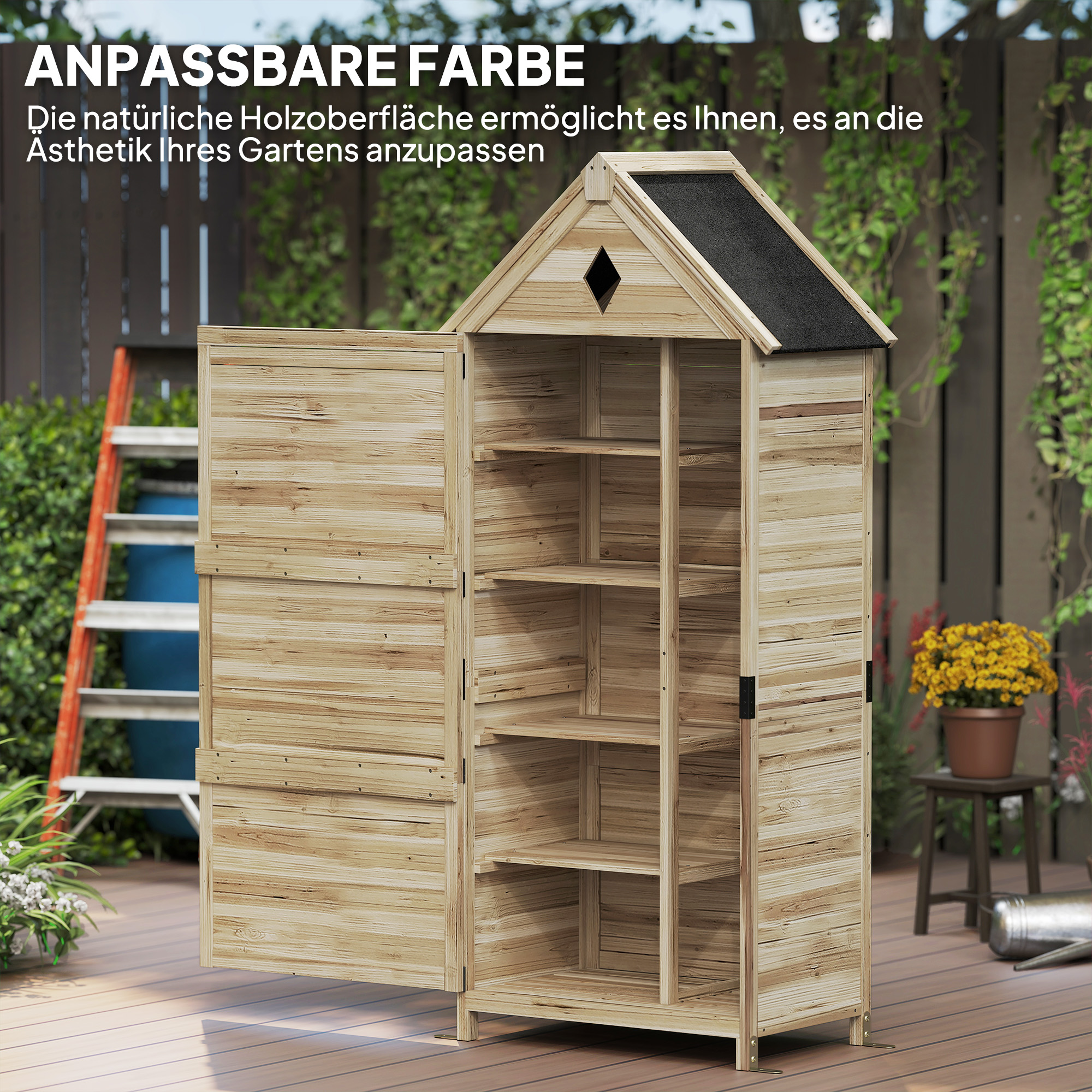 Gartenschuppen mit 4 Regalen, Lagerschuppen aus Holz, wasserdichtes Asphalt-Dach, 80 x 49 x 170 cm, Hellbraun