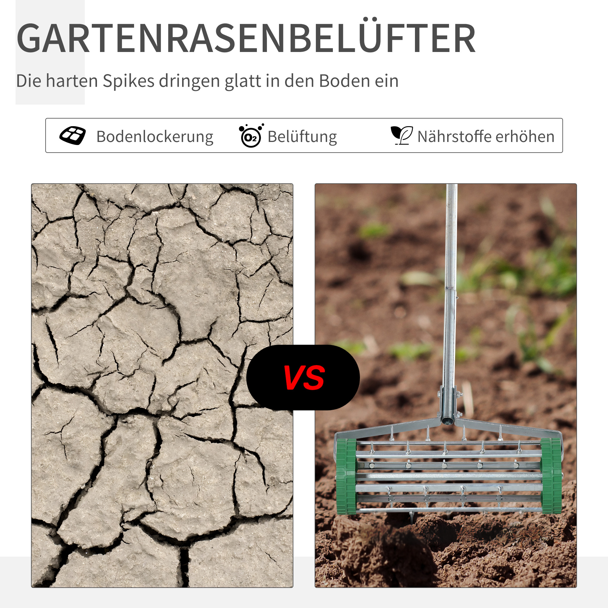 Rasenlüfter Grifflänge einstellbar Handvertikutierer Rasenbelüften Stachelwalze Rasen rollender Rasenlüfter pflegen Garten verzinktes Rohr Grün+Silber 139 x 43,5 x 15 cm