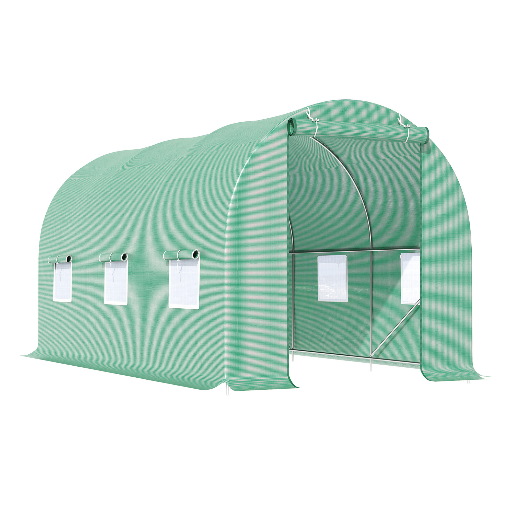 Gewächshaus 445x190x200cm Foliengewächshaus Tomatenhaus Tür mit Moskitonetz, Fenster, Folientunnel aus verzinktem Stahl, stabiles Pflanztunnel, Treibhaus inkl, Erdanker Seilen, Grün