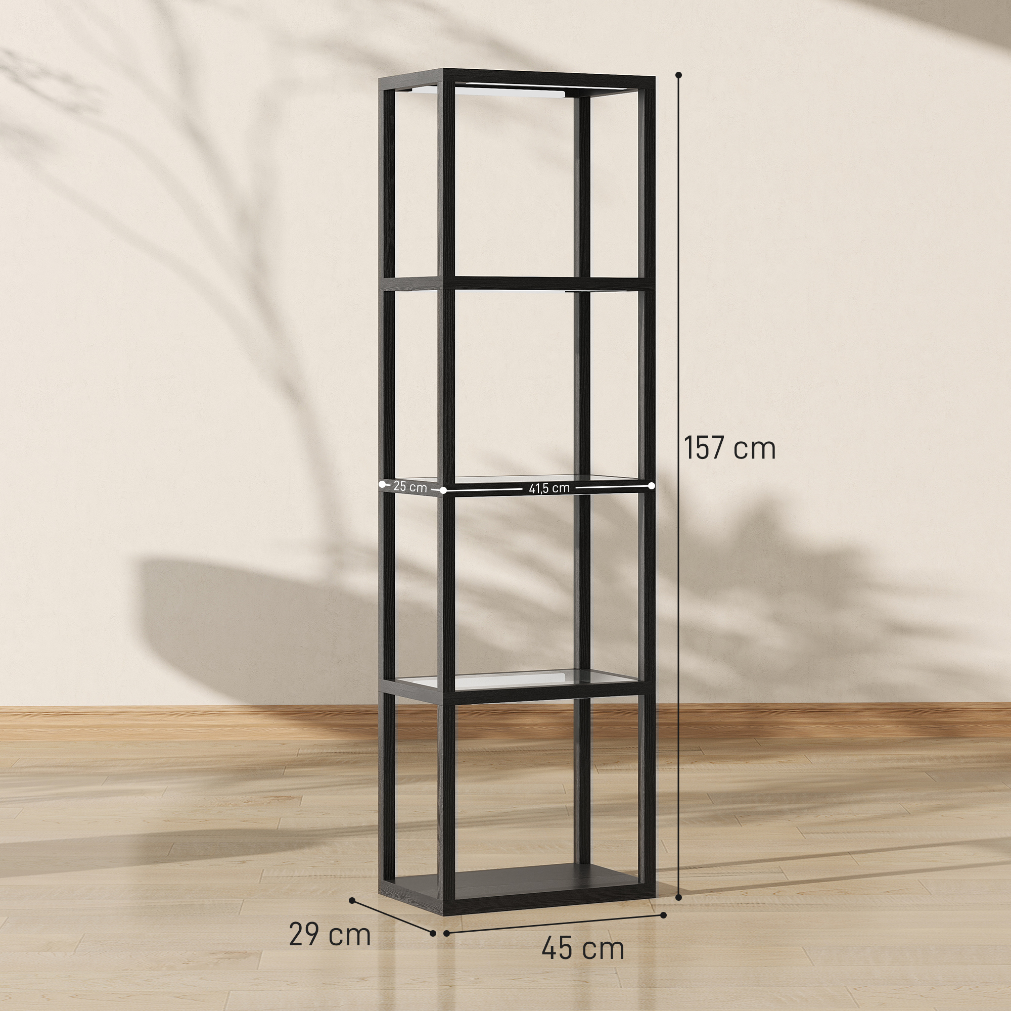RGB Stehlampe mit Glasregalen, 4-Ebenen-LED-Stehleuchte mit Fernbedienung, Musiksynchronisation, Schwarz