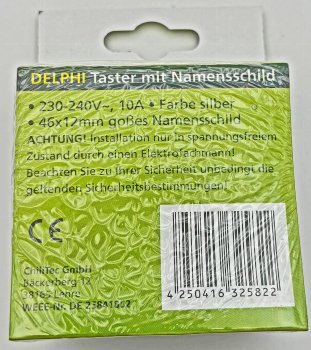 DELPHI Taster mit Namensschild, 0-250V~/ 10A, inkl. Rahmen, UP, silber
