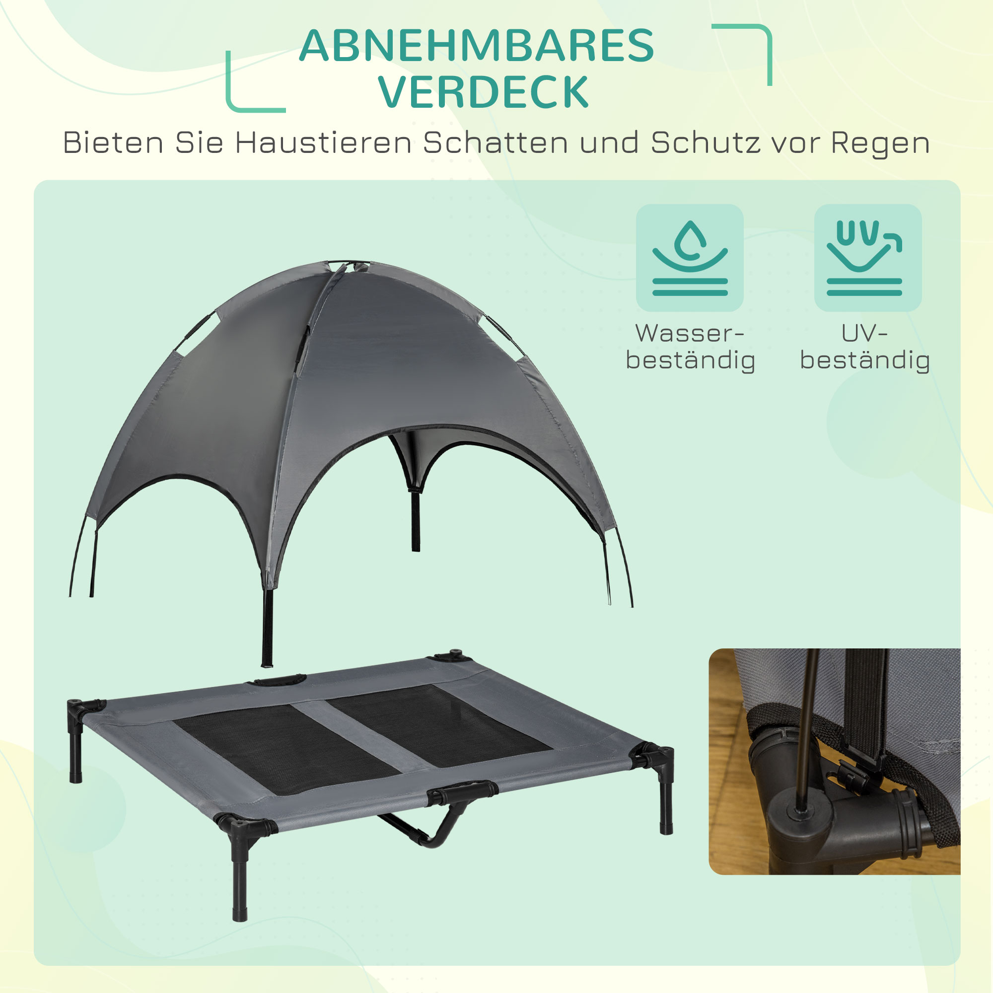 Erhöhtes Hundebett mit Baldachin, Haustierbett, Hundeliege outdoor mit Dach, Atmungsaktiv, Taftstoff für Camping Grau 92 x 76 x 90 cm