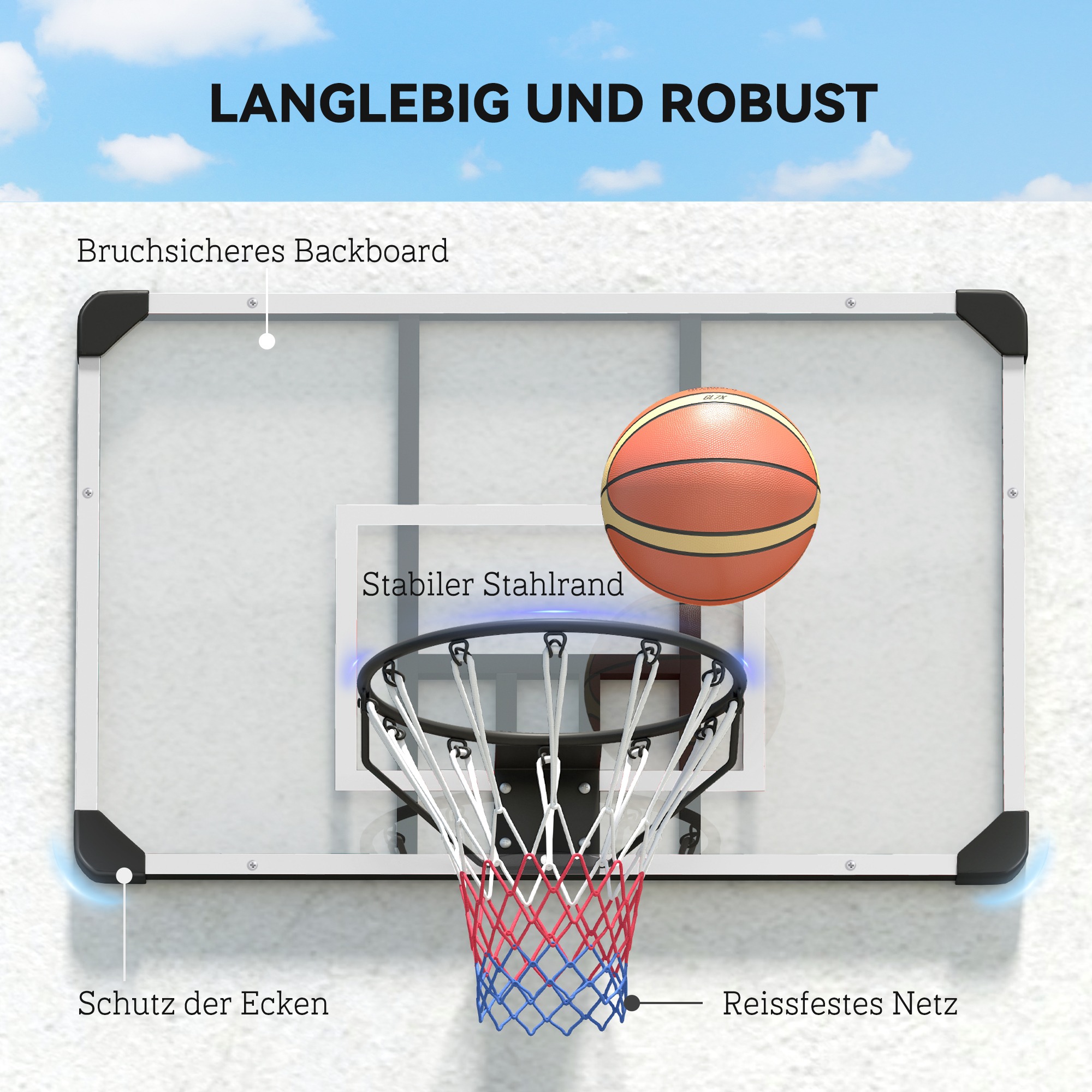 Basketballkorb, bruchsichere Rückwand, höhenverstellbar, Indoor & Outdoor, Stahlrahmen, Schwarz