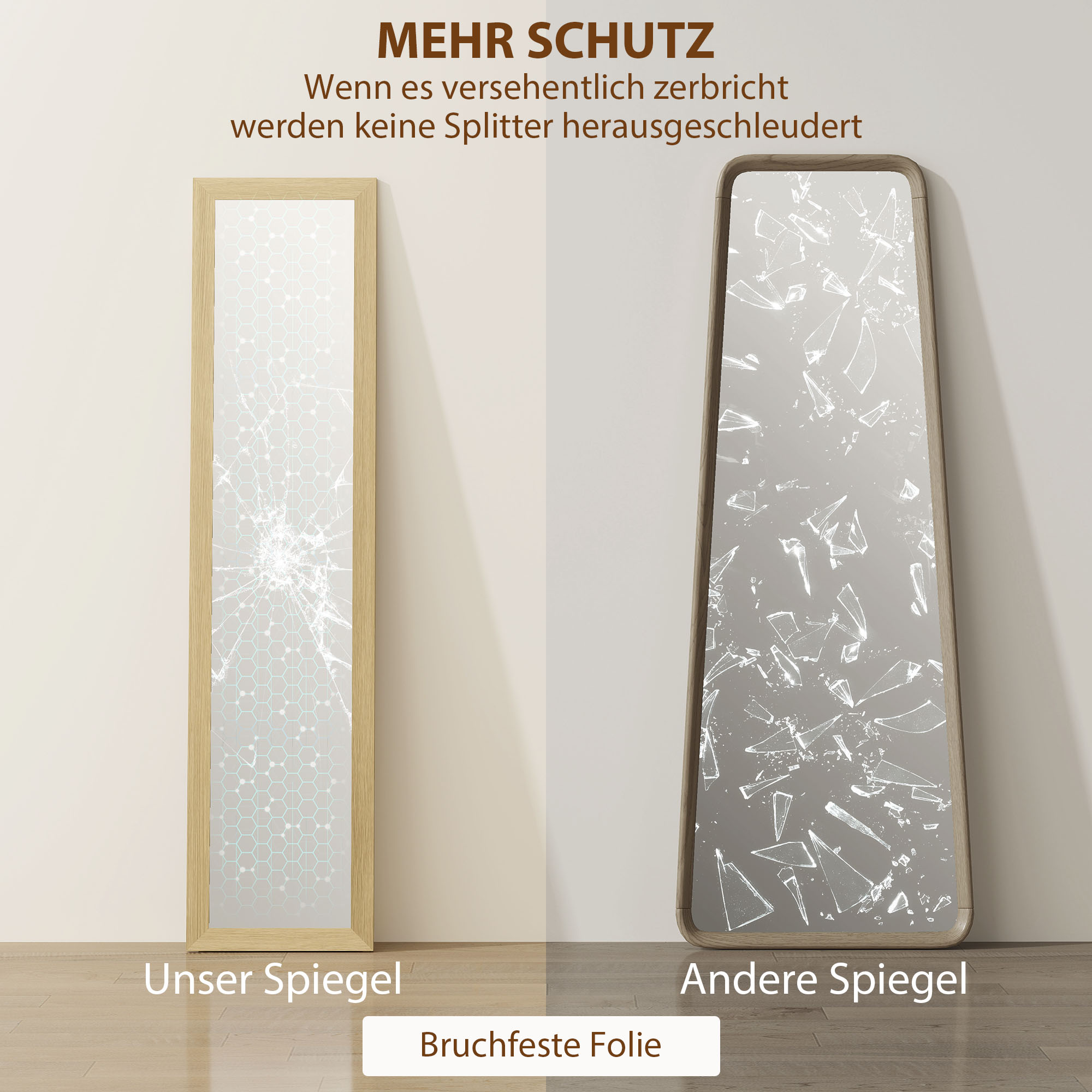 Spiegel Ganzkörperspiegel Wandspiegel, 37 cm x 40 cm x 155 cm, inkl. Befestigungshaken, Silber + Eiche