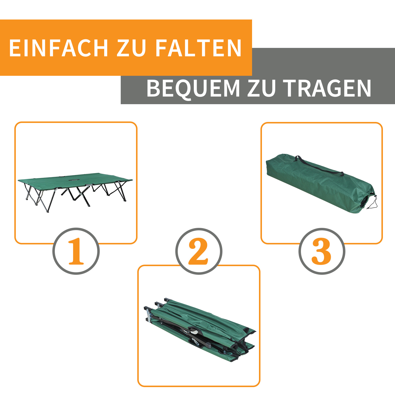 Campingbett Klappbar für 2 Personen Feldbett Klappbett mit Tragetasche bis 136 kg belastbar Stahl Oxford Grün+Schwarz 193 x 125 x 40 cm