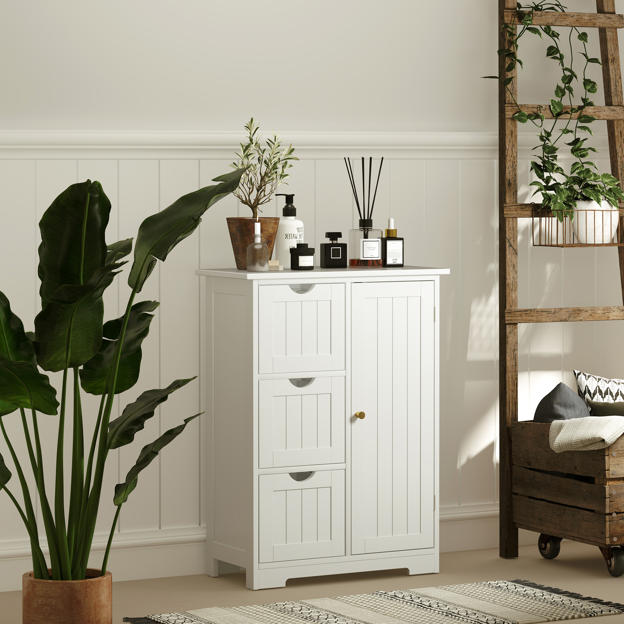 Badezimmerschrank, Badkommode, 3 Schubladen, Regal, MDF, Weiß