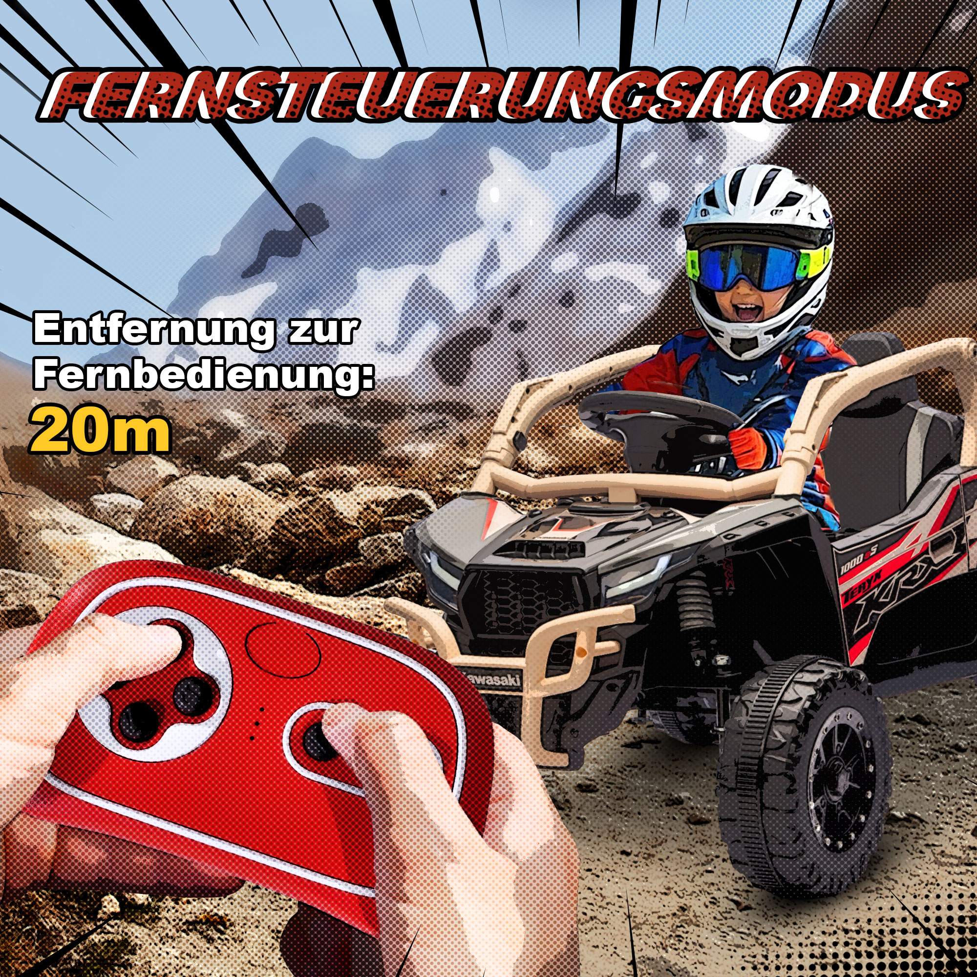 12V Elektrisches Geländefahrzeug für Kinder, Fernbedienung, LED-Lichter, Musik, Hupe, für Kinder von 3-8 Jahren, Gelb