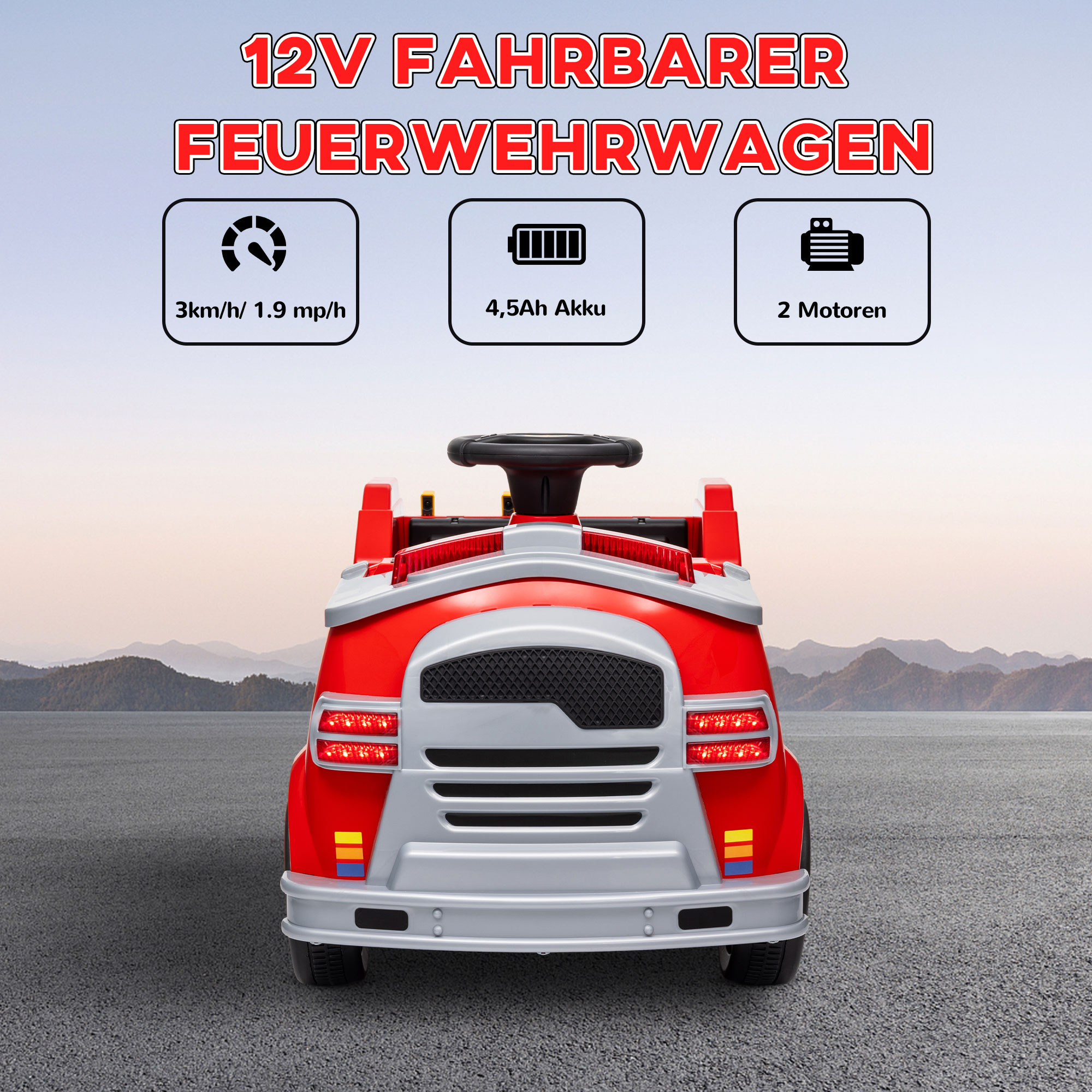 Feuerwehrauto, Elektro-Kinderauto, max, 3 km/h, Sirene, Blaulicht, Werkzeuge, für Kinder 3-5 Jahre