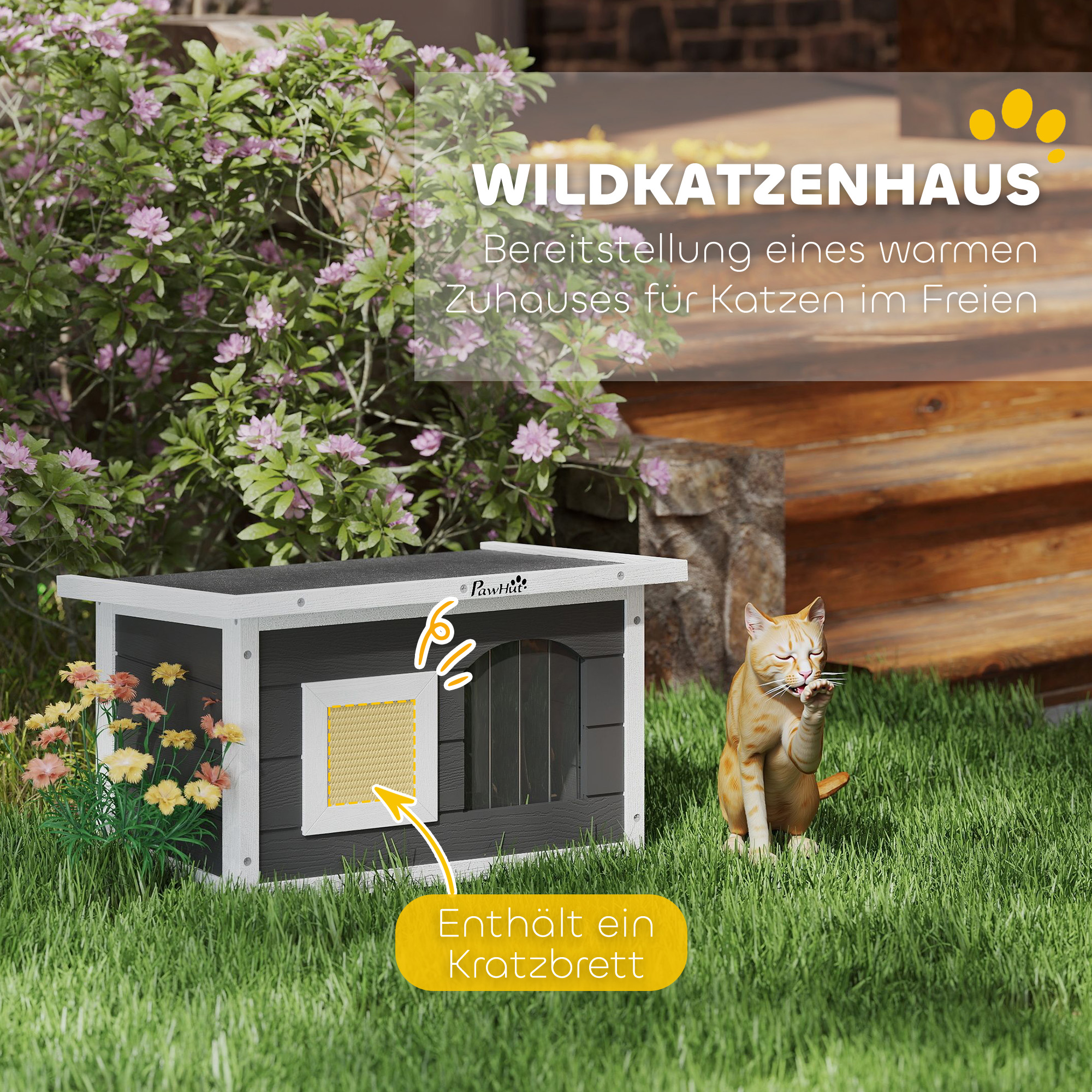 Katzenhaus, Rückzugsort für Katzen und Kaninchen, Holzhaus mit Kratzmatte, Türklappe, 61 x 45 x 36,5 cm, Grau