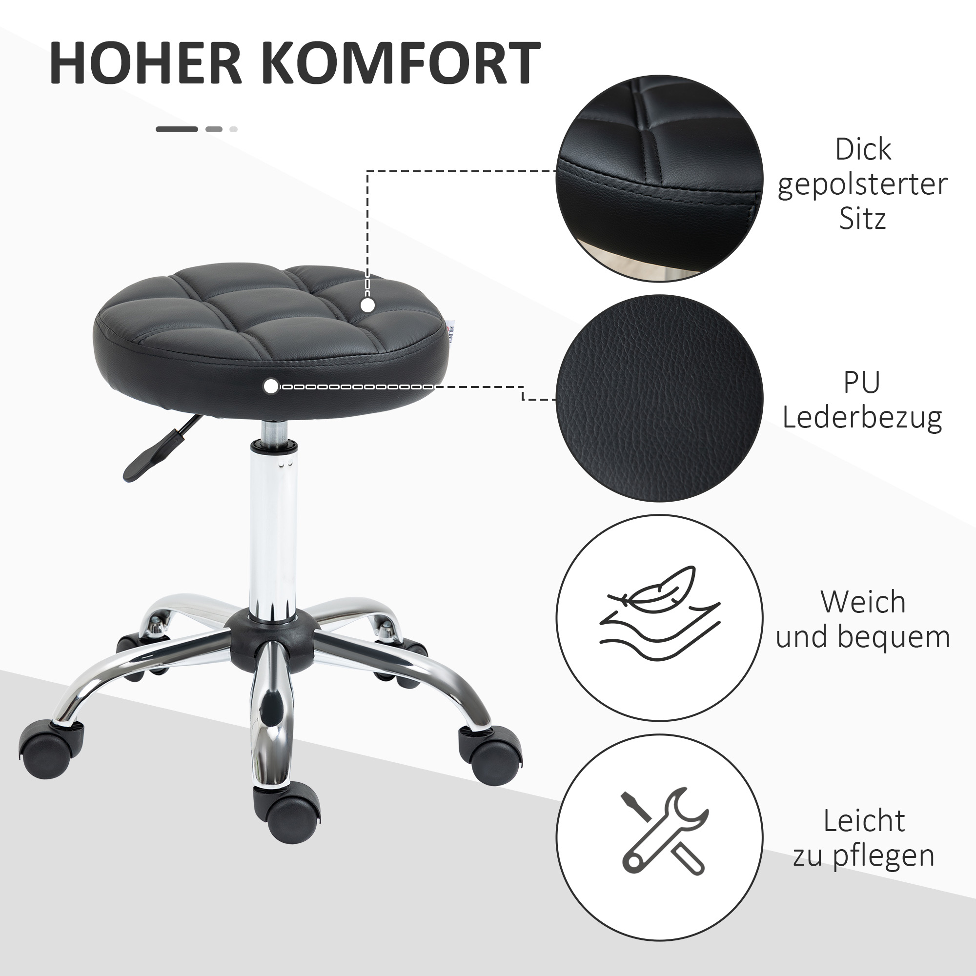 Drehhocker, Salonhocker, höhenverstellbar, Kunstleder, Steppdesign, Schwarz/Silber