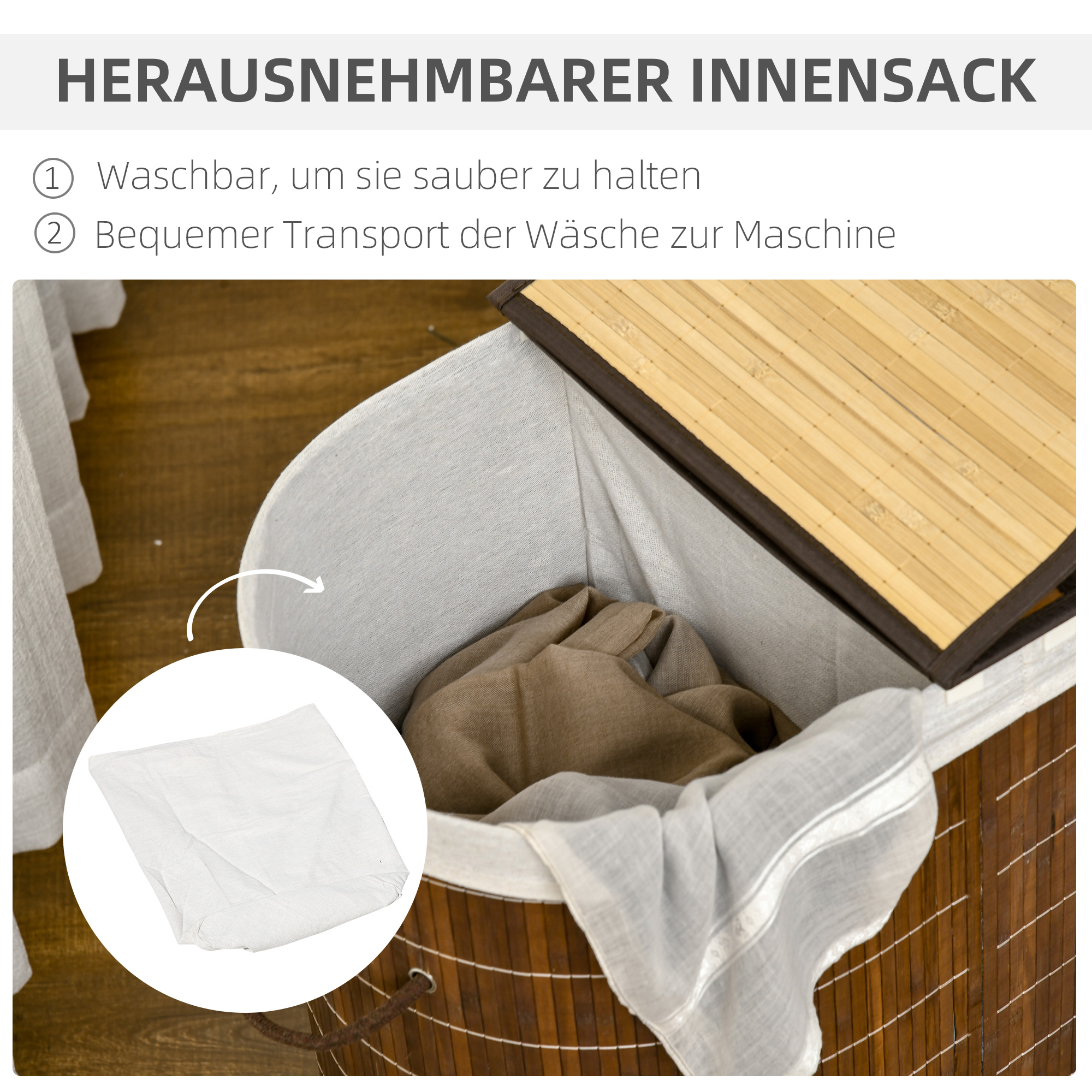 Wäschekorb Wäschesammler, 100L Fassungsvermögen, abnehmbarer Deckel, 38 cm x 38 cm x 57 cm, Braun