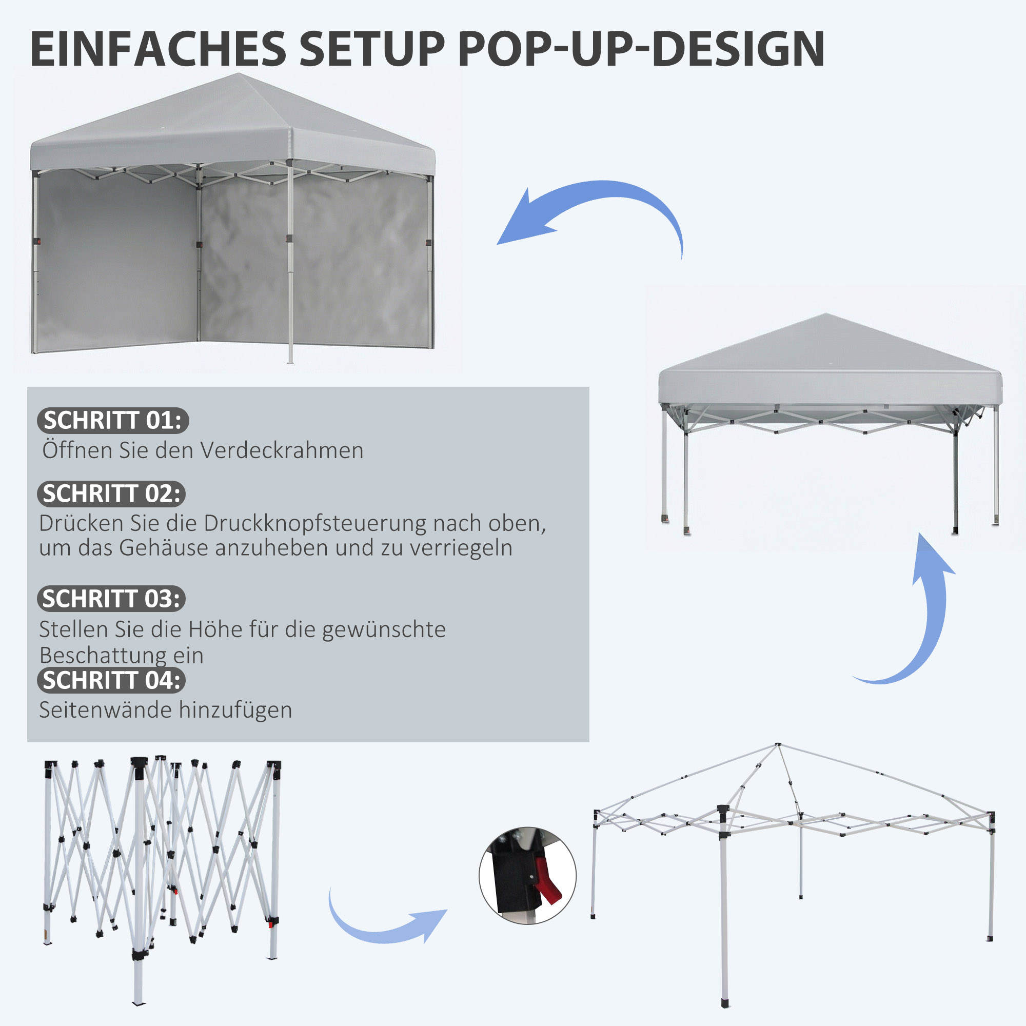 Faltpavillon, zwei Seitenwände, Tragetasche, Stahlrahmen, hellgrau, 3 x 3 x 2,7 m