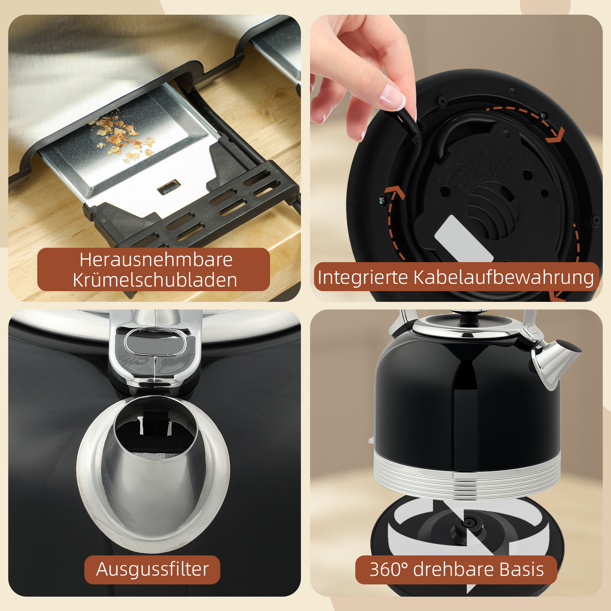 Wasserkocher- und Toaster-Set, 7 Bräunungsstufen, 1,7 L, Kunststoff, Edelstahl, Schwarz