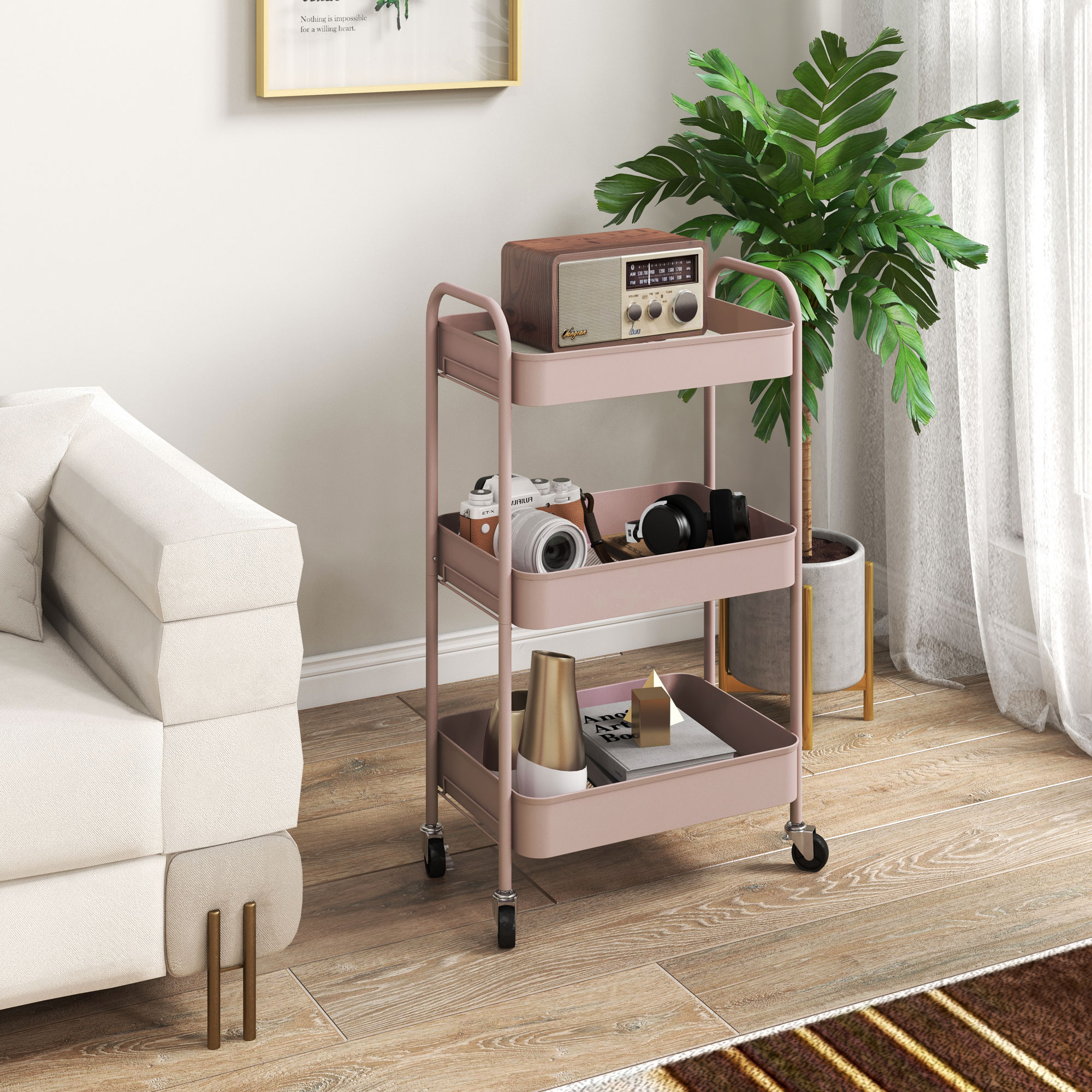 Mehrzweckwagen Rollwagen Küchenwagen, 3 Regale, 4 Rollen, 45 cm x 30,6 cm x 79 cm, Rosa