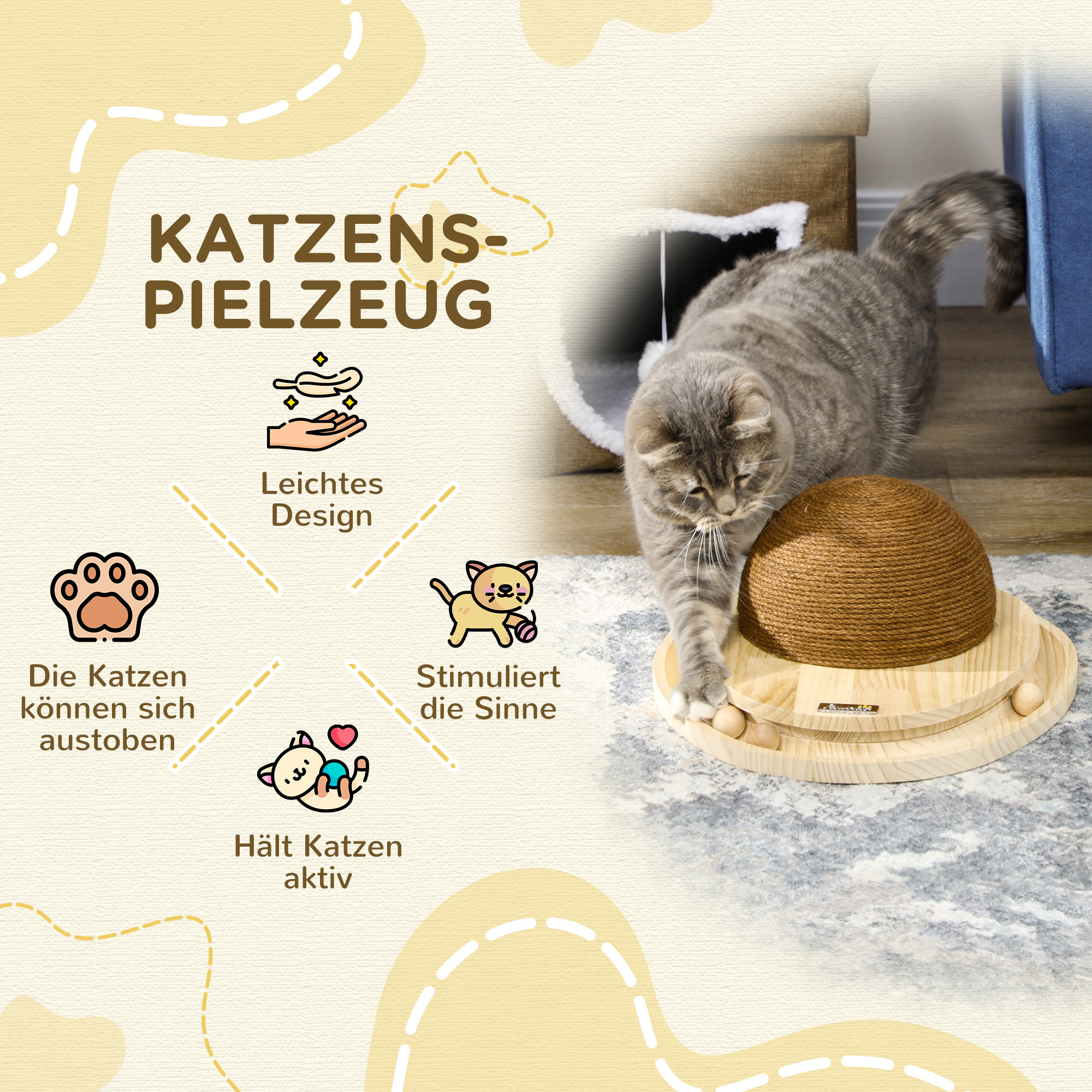 interaktives Katzenspielzeug, Kratzfläche, ovale Kugelbahn, Kiefernholz, 39,5 x 32,5 x 14,5 cm