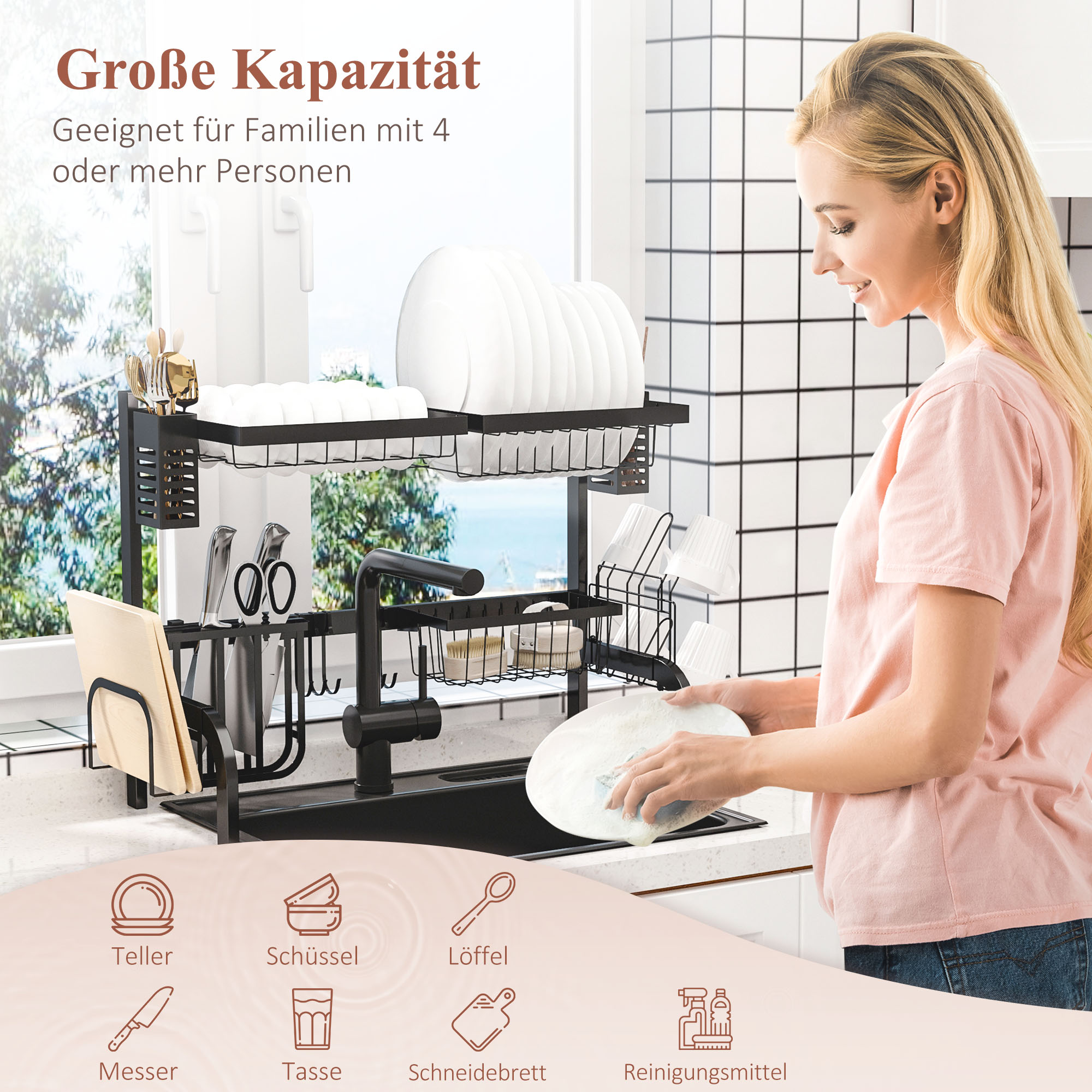 Geschirrkorb, Modularer Geschirrhalter aus Metall, bis zu 26 kg belastbar, Schwarz