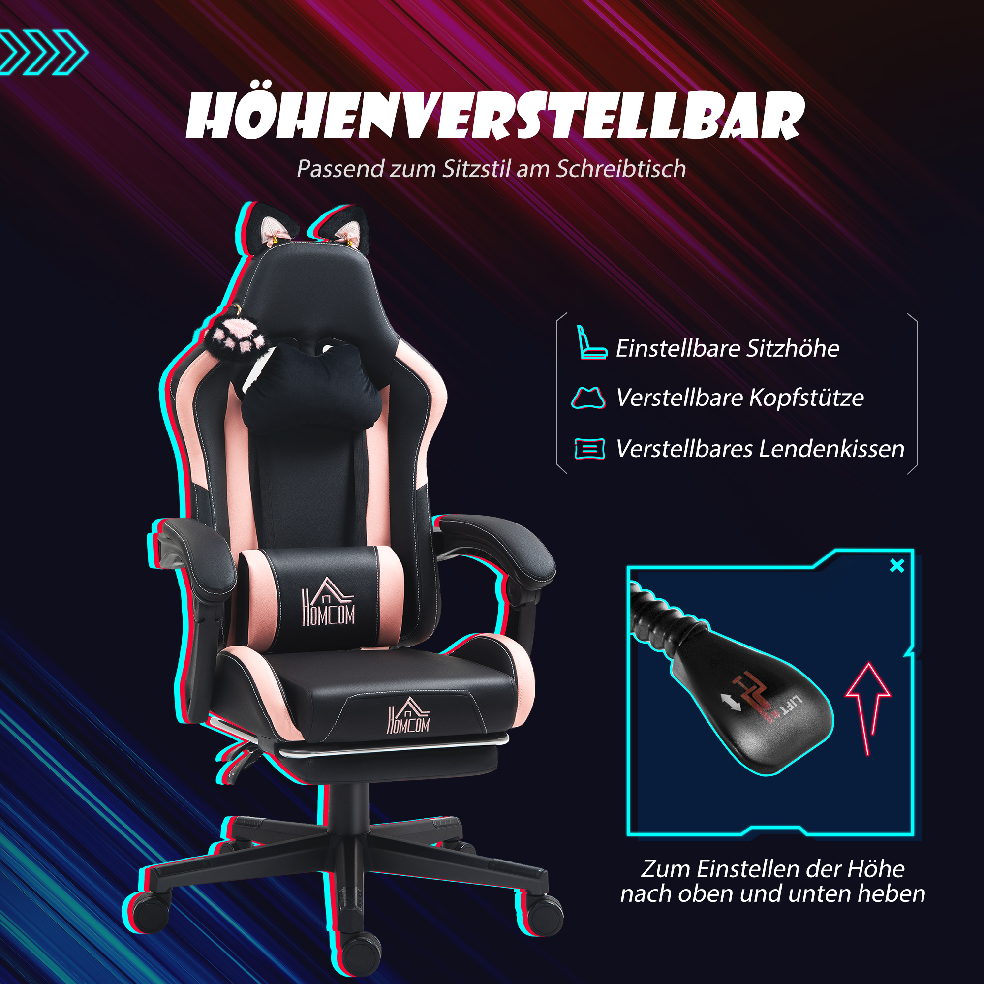Gaming-Sessel mit Katzenohren, neigbare Lehne, ausziehbare Fußstütze, bis 120 kg, Rosa/Schwarz