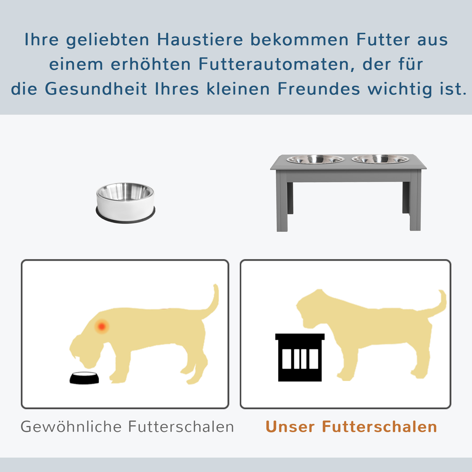 Hunde-Futterstation, 2 Edelstahlnäpfe, rutschfest, 58,4x30,5x25,4cm, Grau