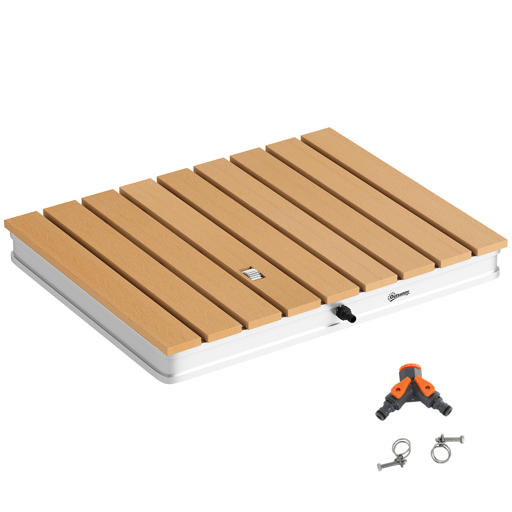 Bodendusche Gartendusche mit einstellbar Fußrad Aluminium bis 4 m Fontänenhöhe 70 x 55 cm Naturholz