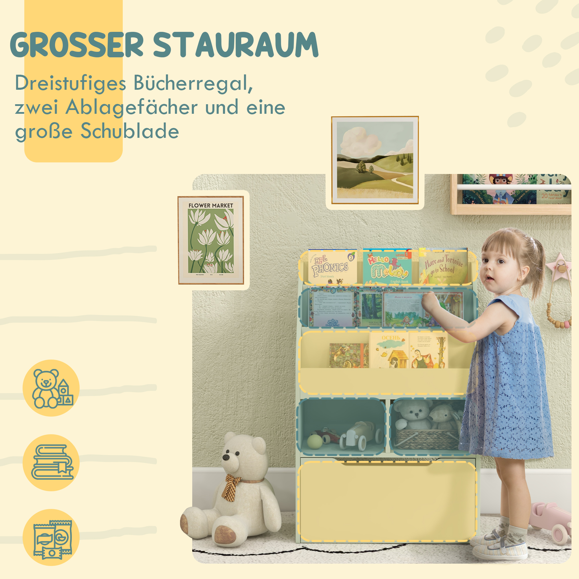 Kinderregal mit Schublade, Bücherregal mit Fächern, 60 x 29,9 x 90 cm, Grün