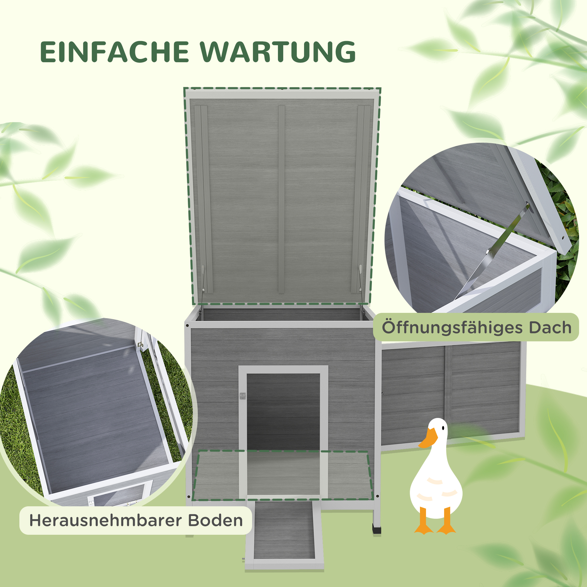 Entenstall, Entenhaus mit Seitentür, Belüftungslöchern, Geflügelstall Hühnerhaus aus Tannenholz, Gänsestall, Hühnerstall mit wasserdichtem Asphaltdach, 63 x 82 x 76 cm, Hellgrau