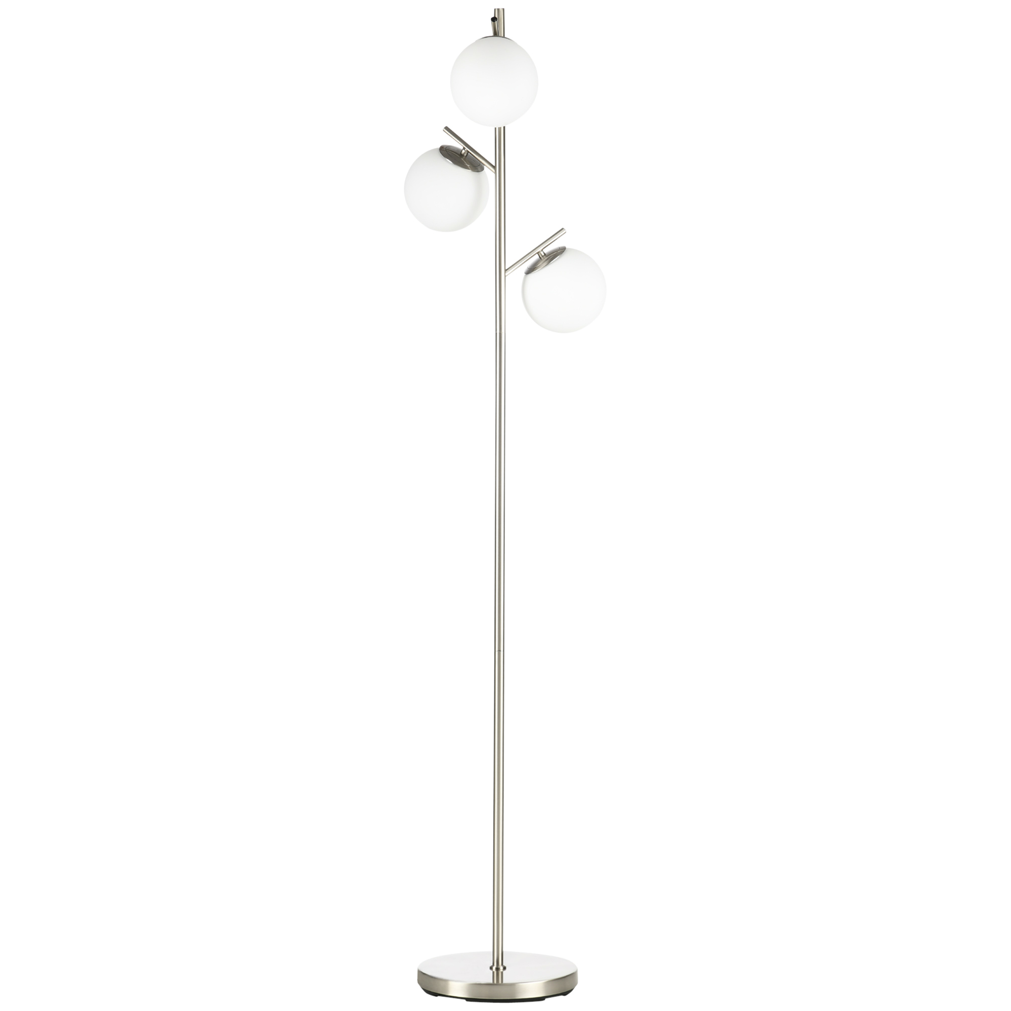 Stehlampe mit 3 Lampenschirmen aus Glas, E 27, Fußschalter, Silber + Weiß