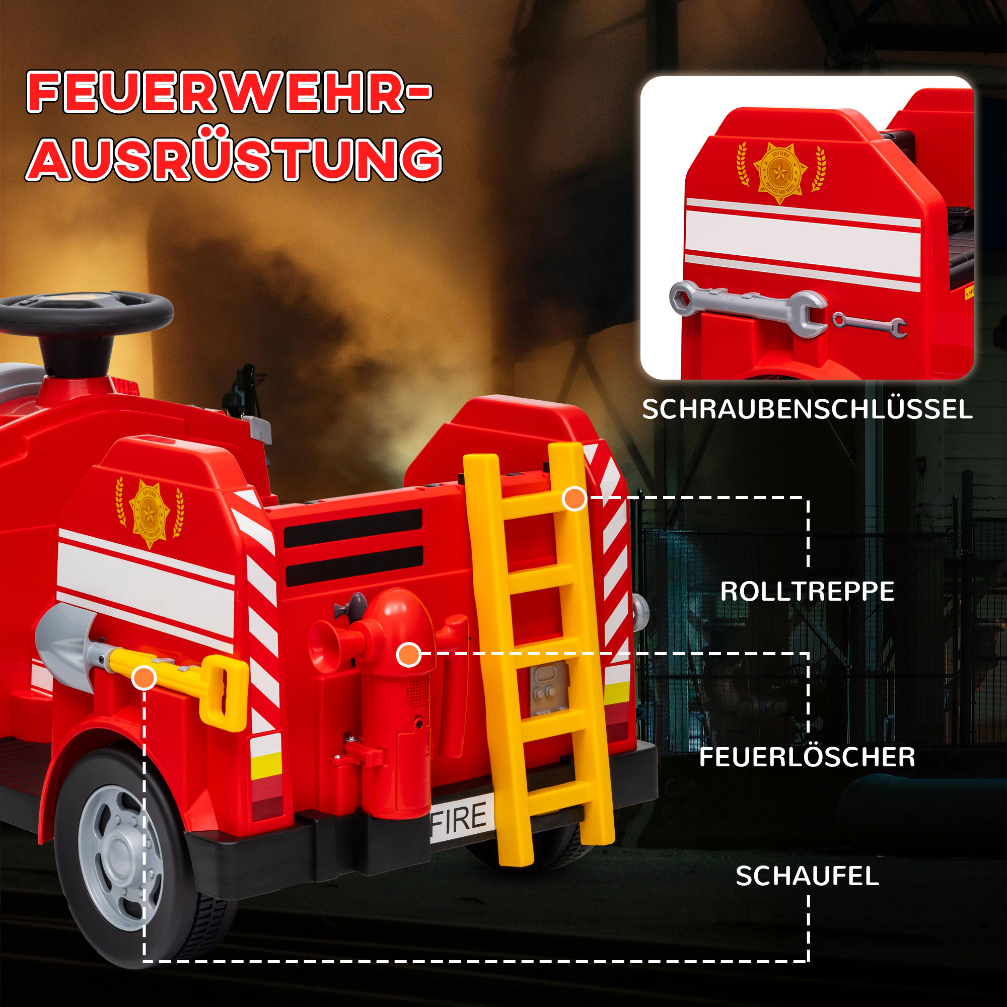 Feuerwehrauto, Elektro-Kinderauto, max, 3 km/h, Sirene, Blaulicht, Werkzeuge, für Kinder 3-5 Jahre