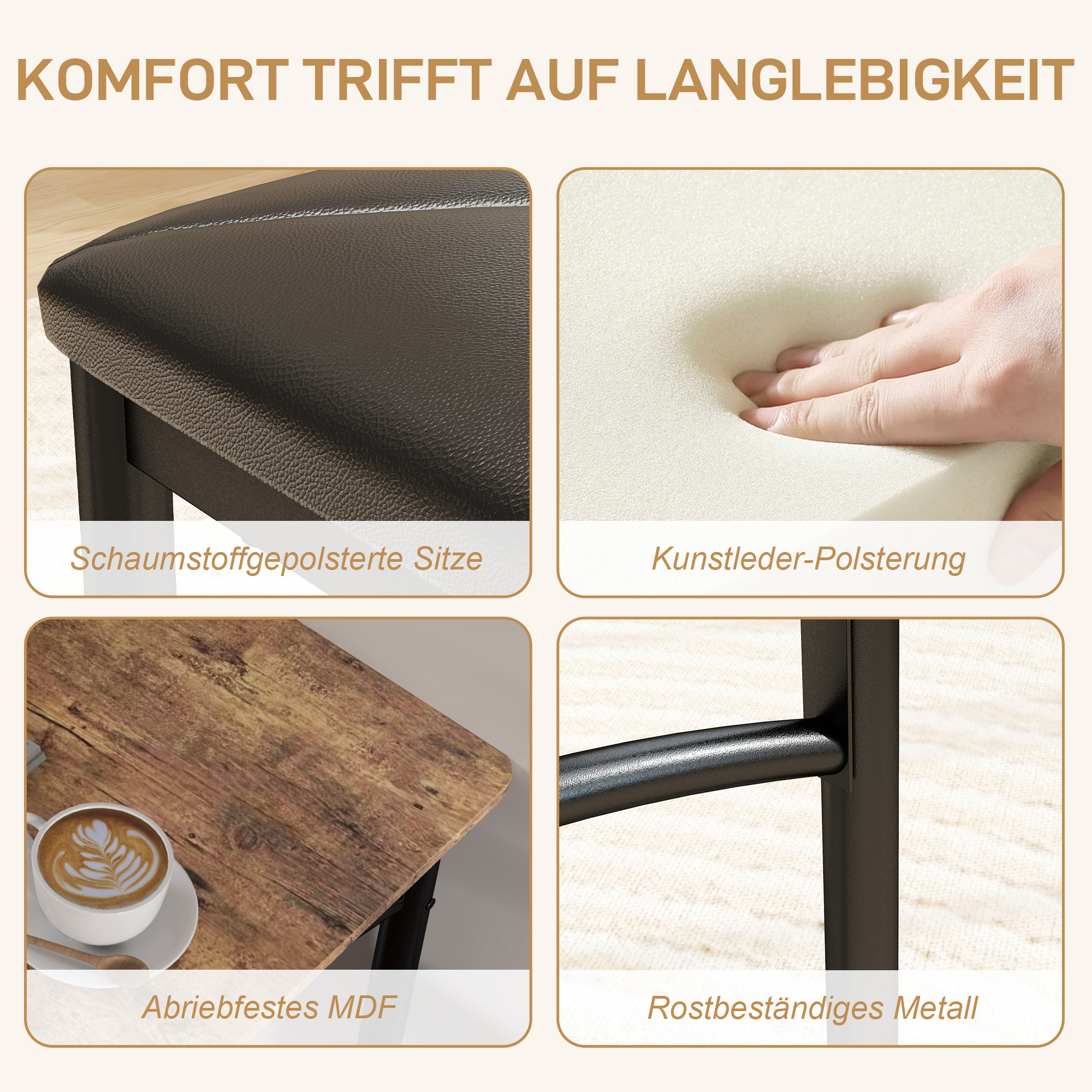 4-teiliges Esszimmer-Set, Platzsparendes Set aus Tisch, 2 Stühlen und Bank, für kleine Räume, Metall, Holz, Braun