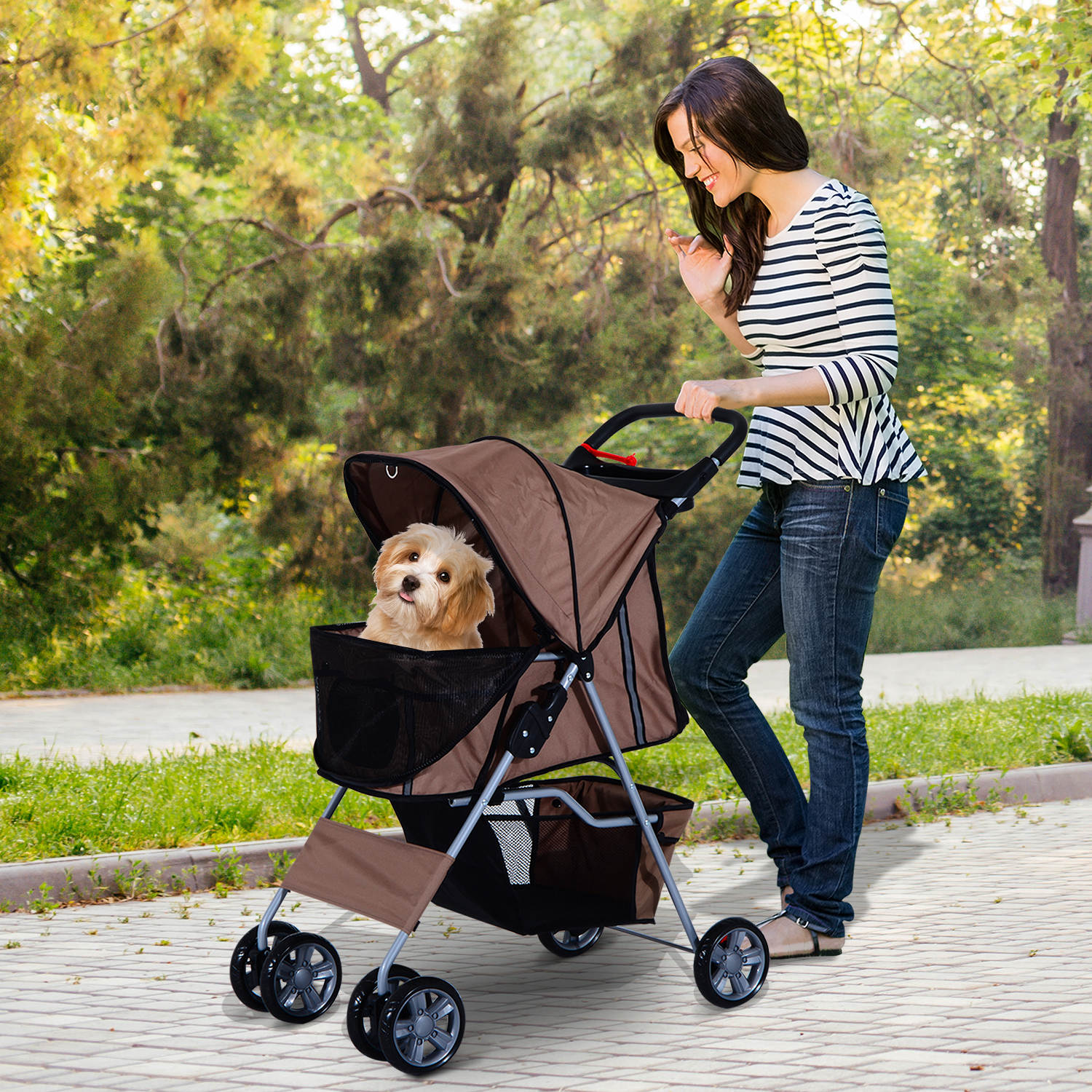 Hundebuggy Hundewagen bis 10 kg Klappbar Bodenkorb 2 Becherhalter Sonnendach Kaffeebraun