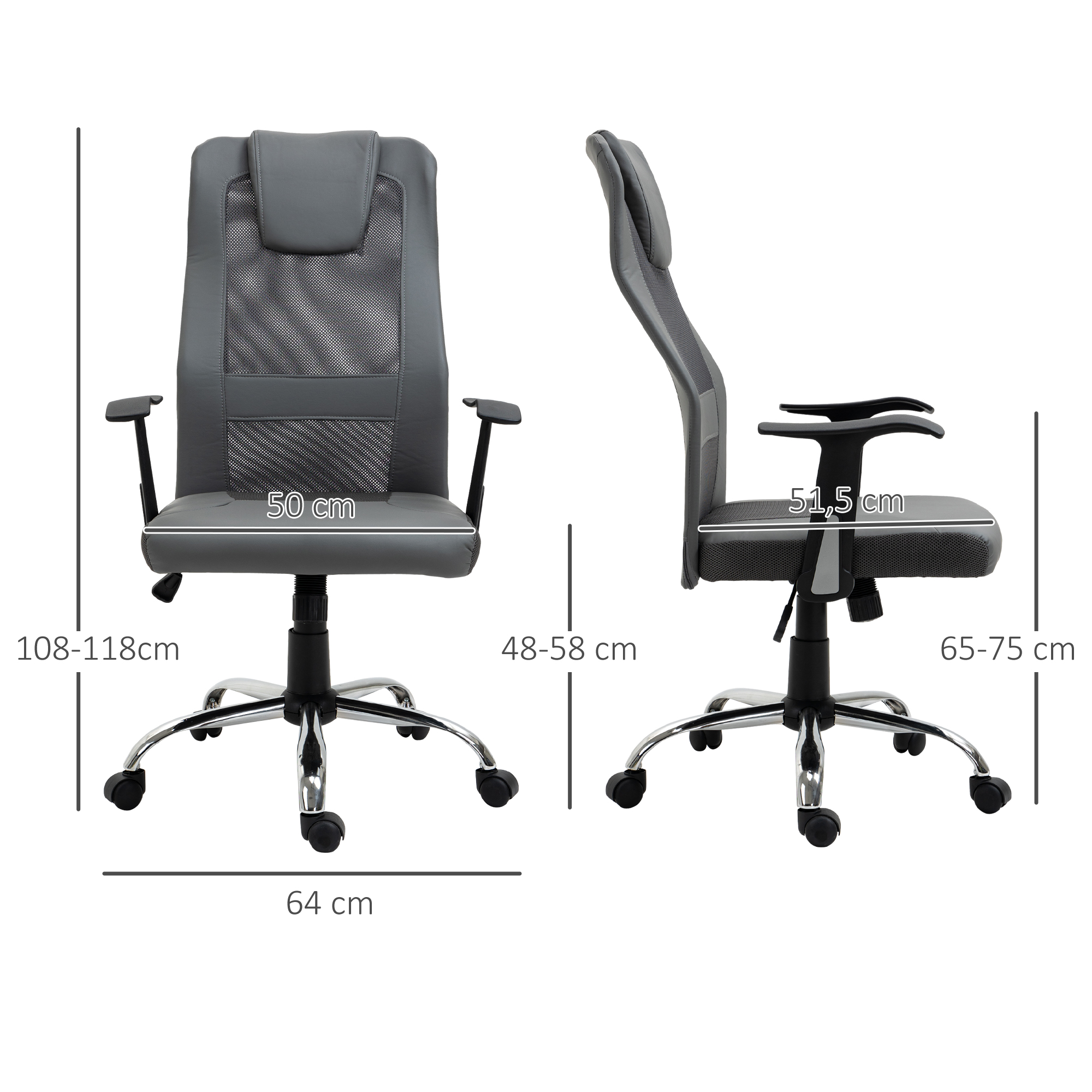 Bürostuhl Drehstuhl höhenverstellbar Chefsessel Schreibtischstuhl ergonomisch Kunstleder Grau 66 x 73 x 108-118 cm