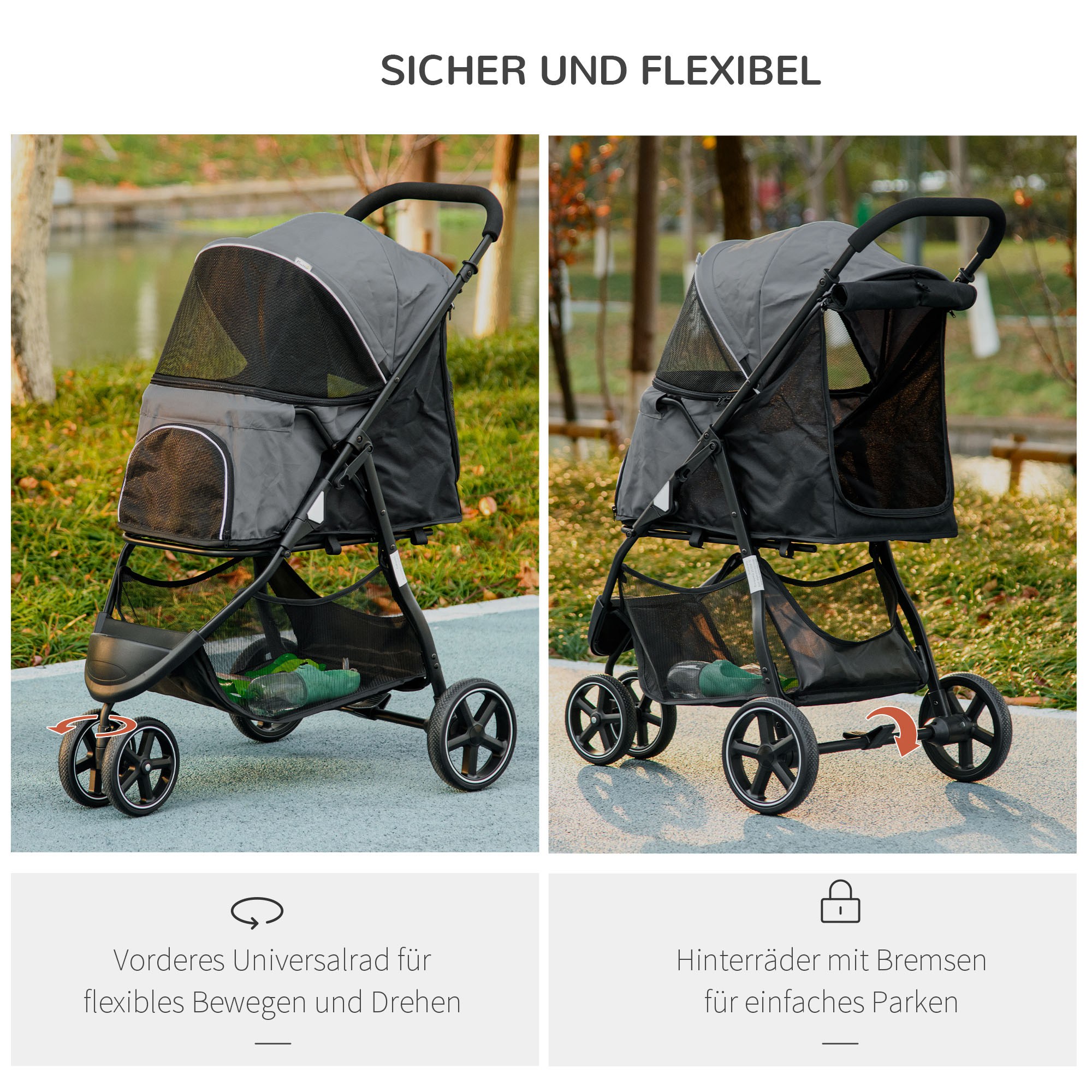 Hundebuggy Haustierwagen bis 10kg klappbar Regenschutz 2 Sicherheitsleinen 83cm x 55cm x 101cm Grau + Schwarz