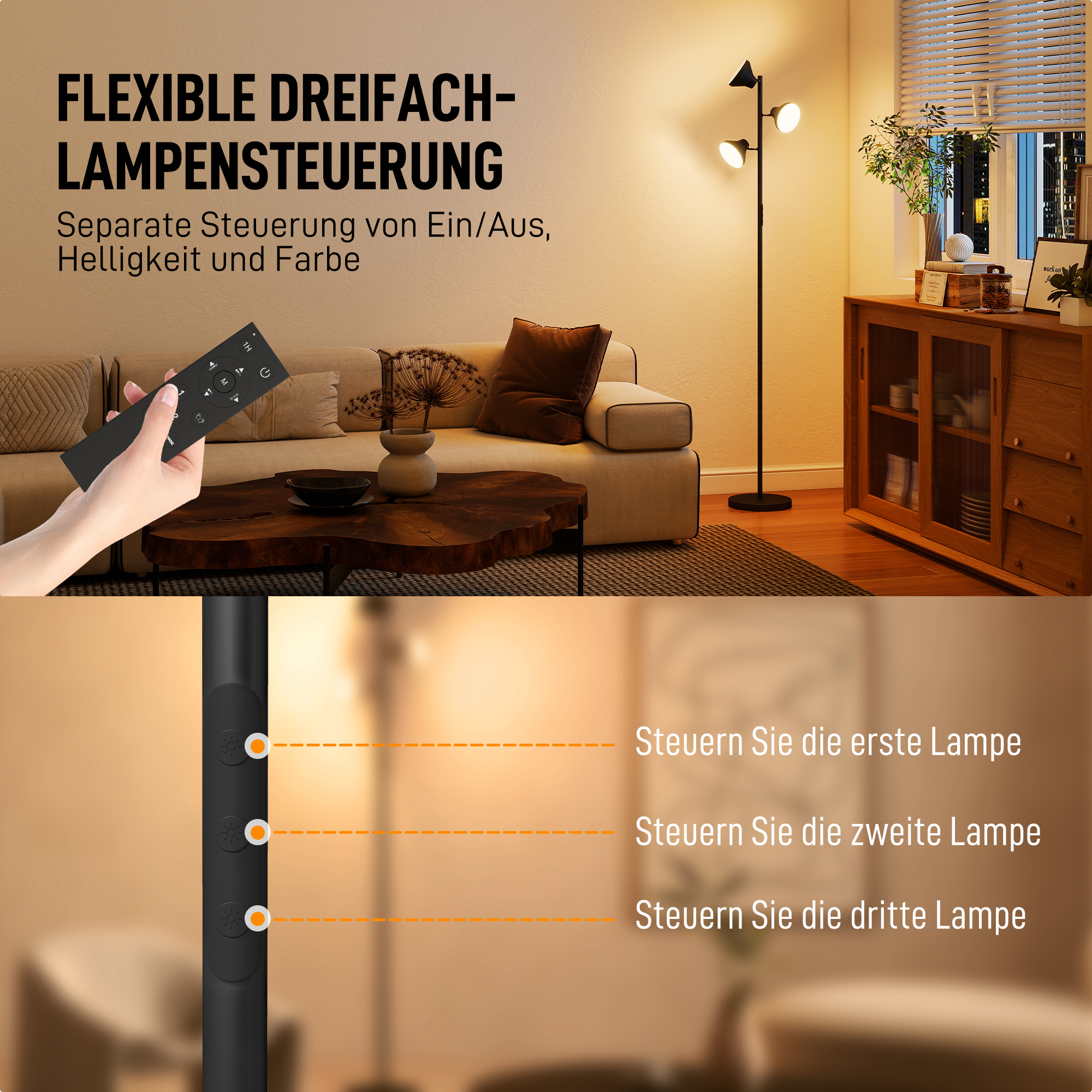 Stehlampe Dimmbar mit Leselampe, Stehleuchte RGB Farbwechsel mit Fernbedienung Touch-Steuerung 3 drehbare Köpfe Schwarz