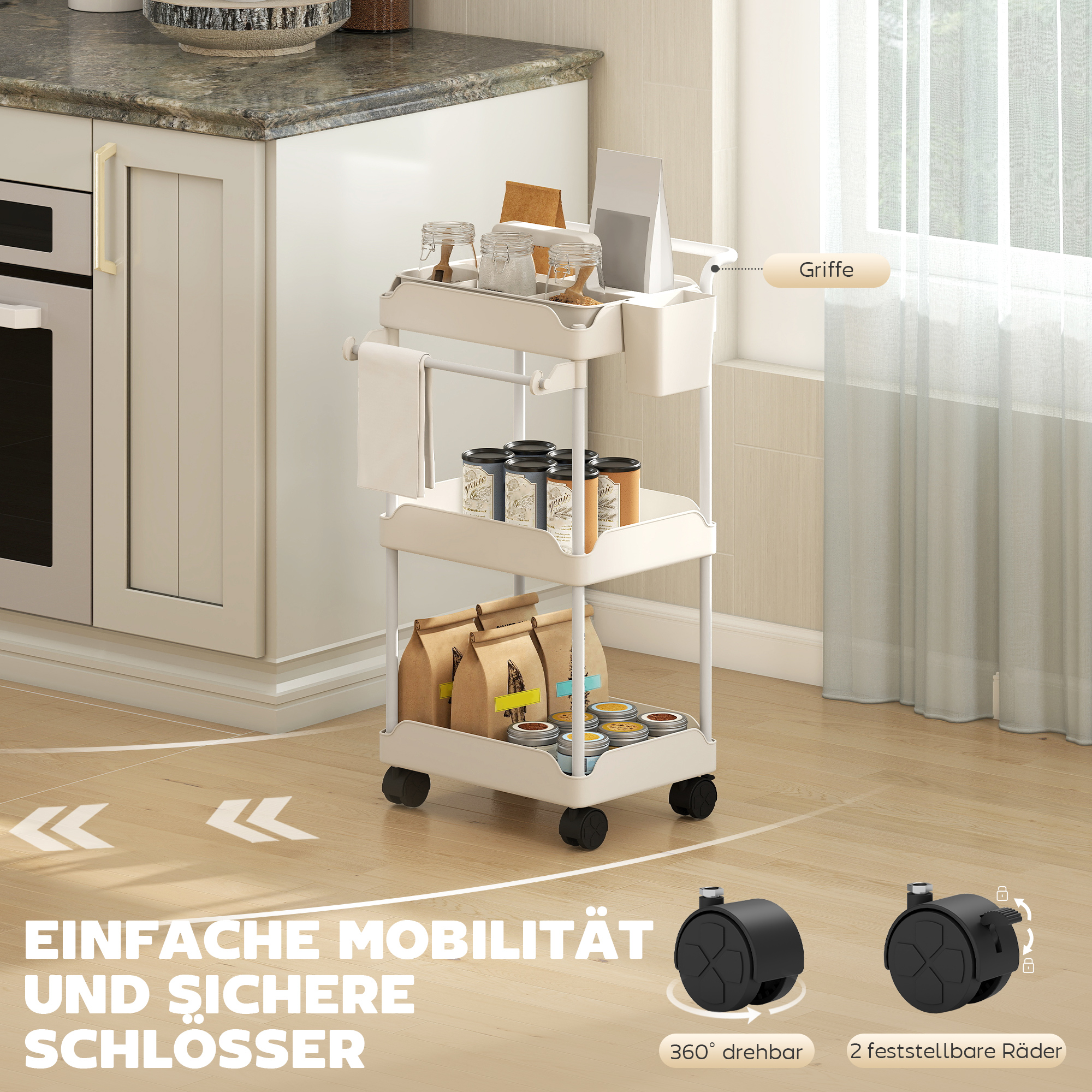 Aufbewahrungswagen, 3 Körbe, Handtuchhalter, Räder, Griff, Metallgestell, Weiß