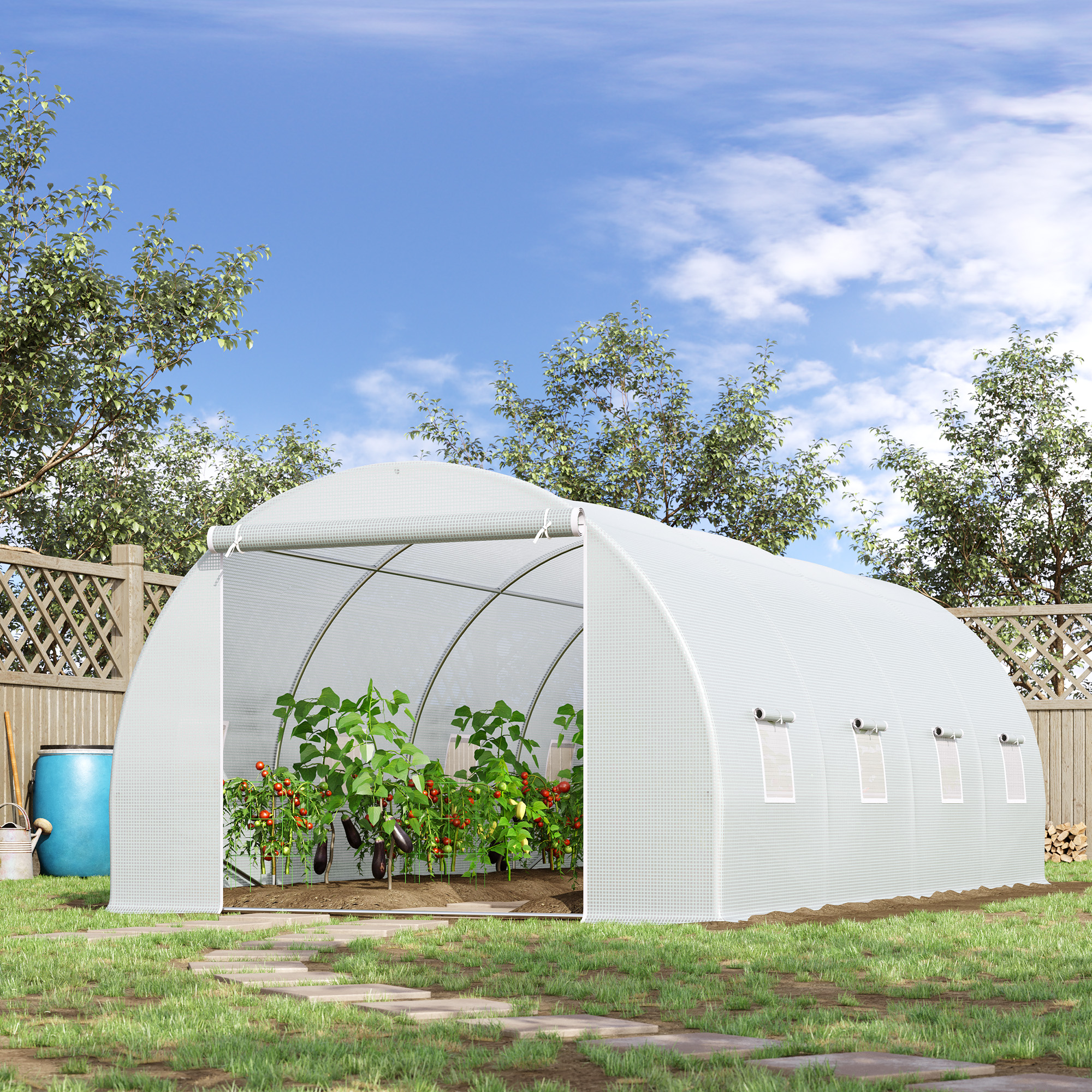 Gewächshaus 595x300x200cm Foliengewächshaus Tomatenhaus mit Tür, Fenster, Folientunnel aus verzinktem Stahl, Pflanztunnel, Treibhaus inkl, Erdanker Seilen, Gartentunnel, Weiß