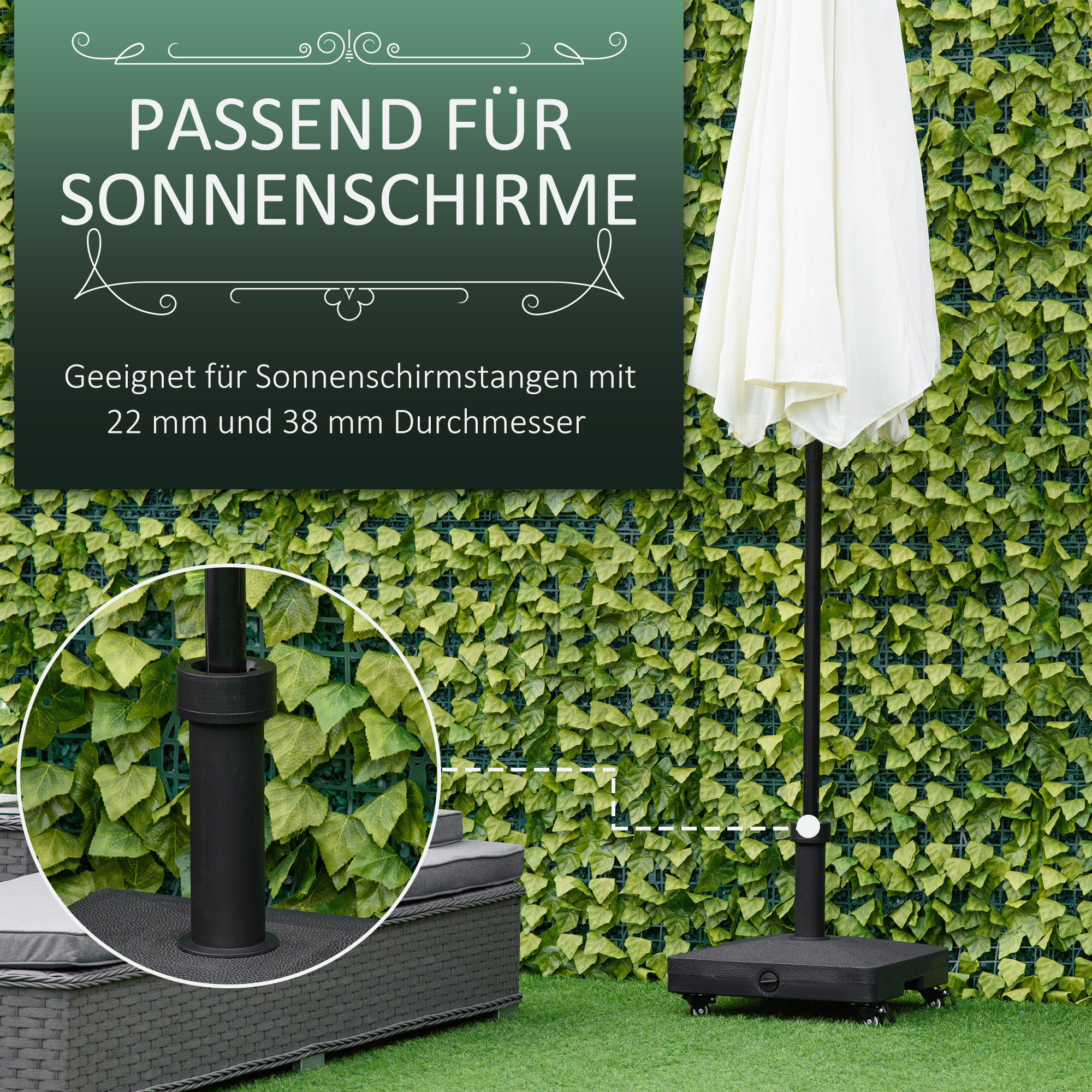 Sonnenschirmständer befüllbar bis 20 kg Sonnenschirm mit Roller Schirmständer für Schirmstangen 22-38 mm Sonnenschirmfuß für Garten Terrasse Balkon Schwarz
