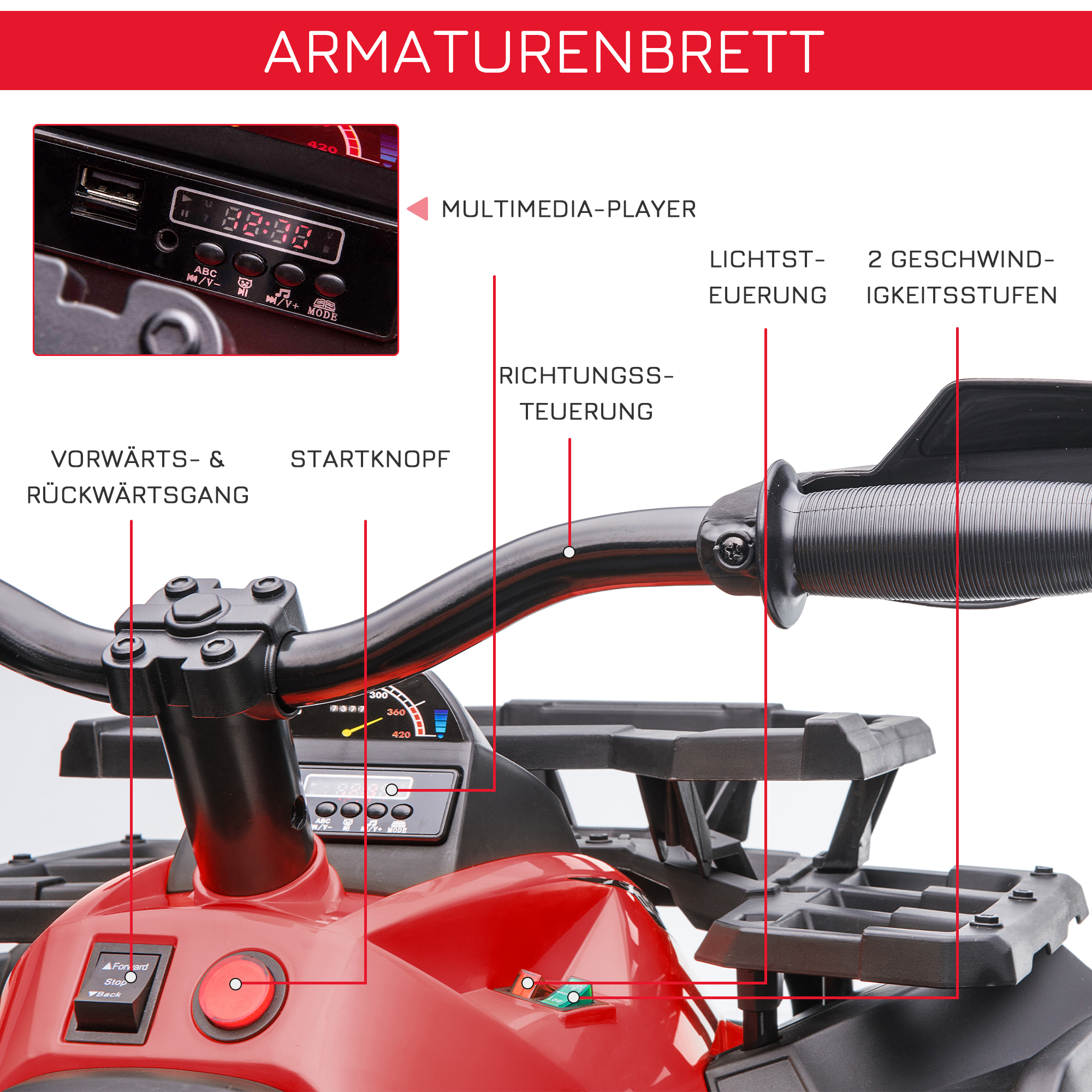 Kinderquad, 3-8 km/h, 45 Min, Betriebszeit, LED-Scheinwerfer, Musikplayer mit USB, für Kinder 3 bis 5 Jahre