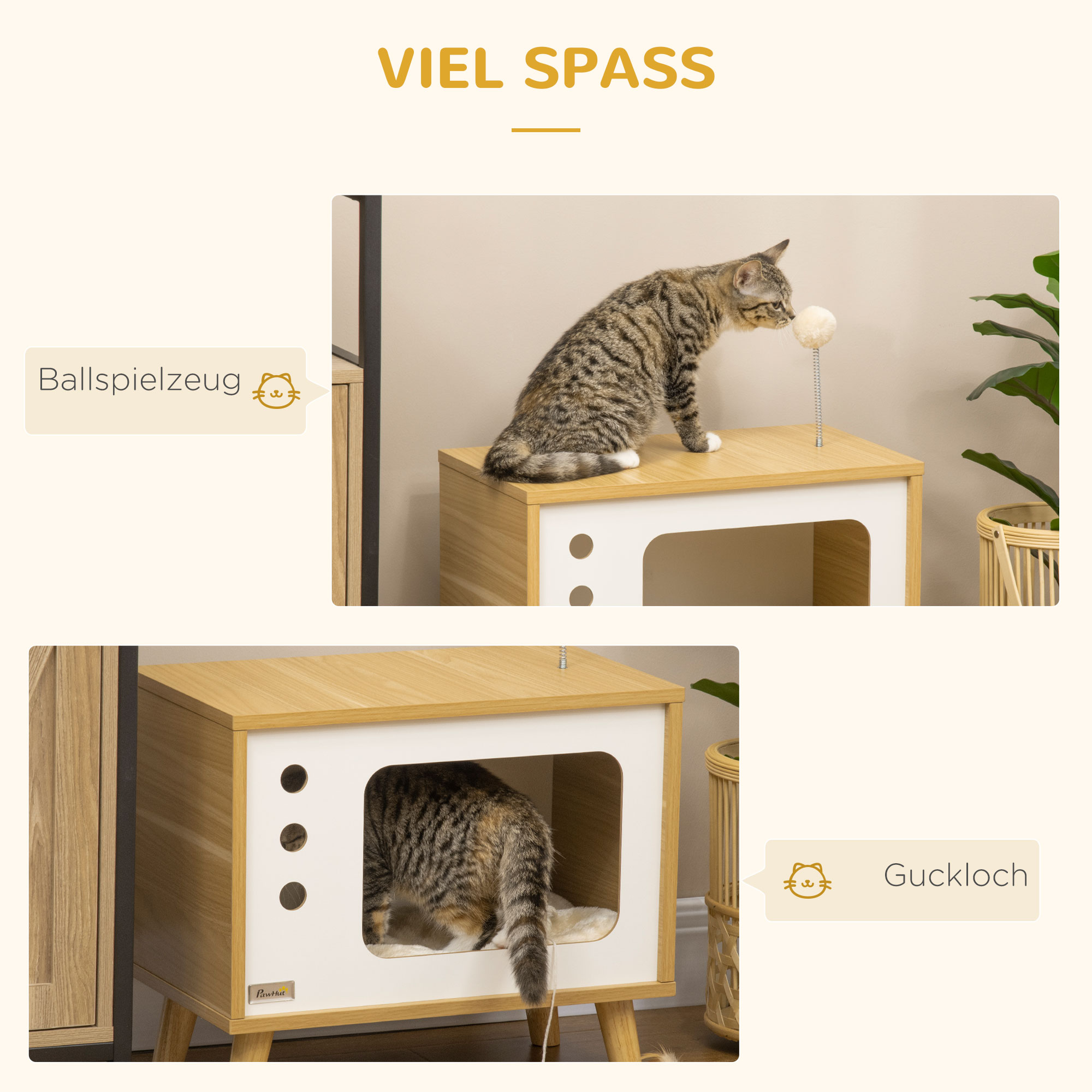Katzenhöhle imTV-Design inkl, Spielzeug, waschbares Kissen, 50 cm x 28 cm x 43 cm, Eiche + Beige + Weiß