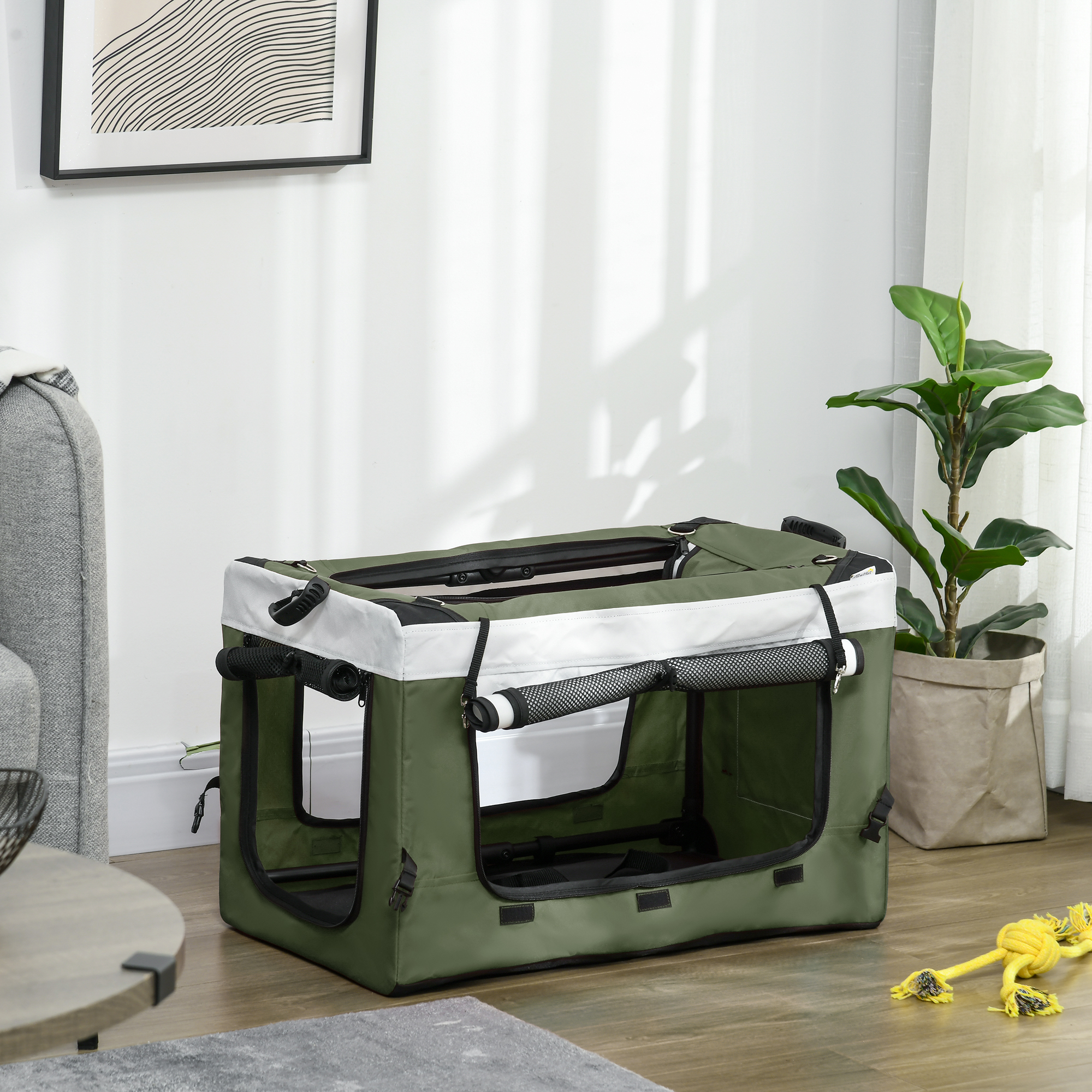 Hundbuggy Haustierbuggy Hundewagen, klappbar, abnehmbarer Korb, 81 x 58 x 97,5 cm, Schwarz+Dunkelgrün+Weiß
