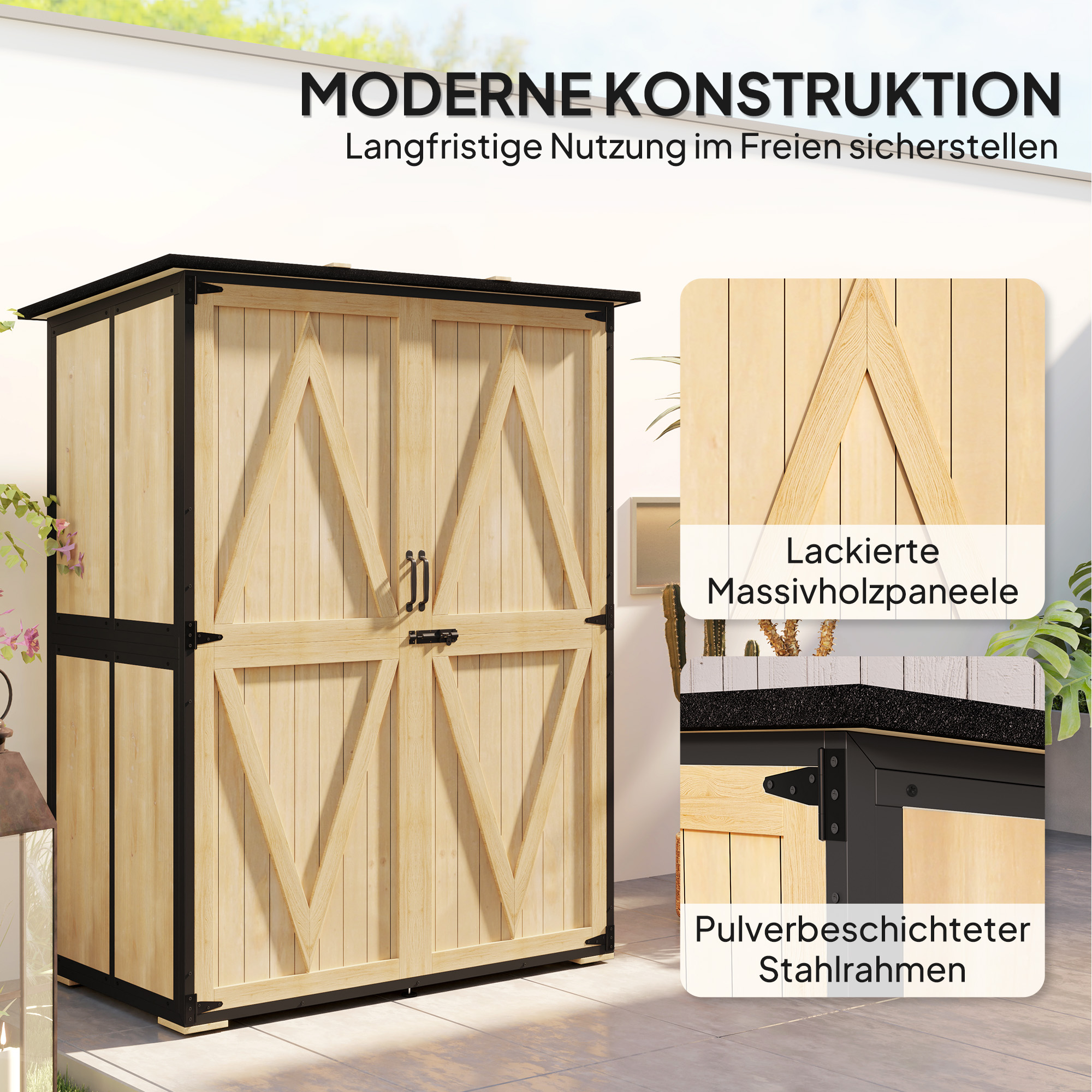Gartenschrank aus Holz und Stahl, Outdoor-Werkzeugschrank mit Asphalt-Dach, 2 Regale, verschließbare Türen, Naturholz