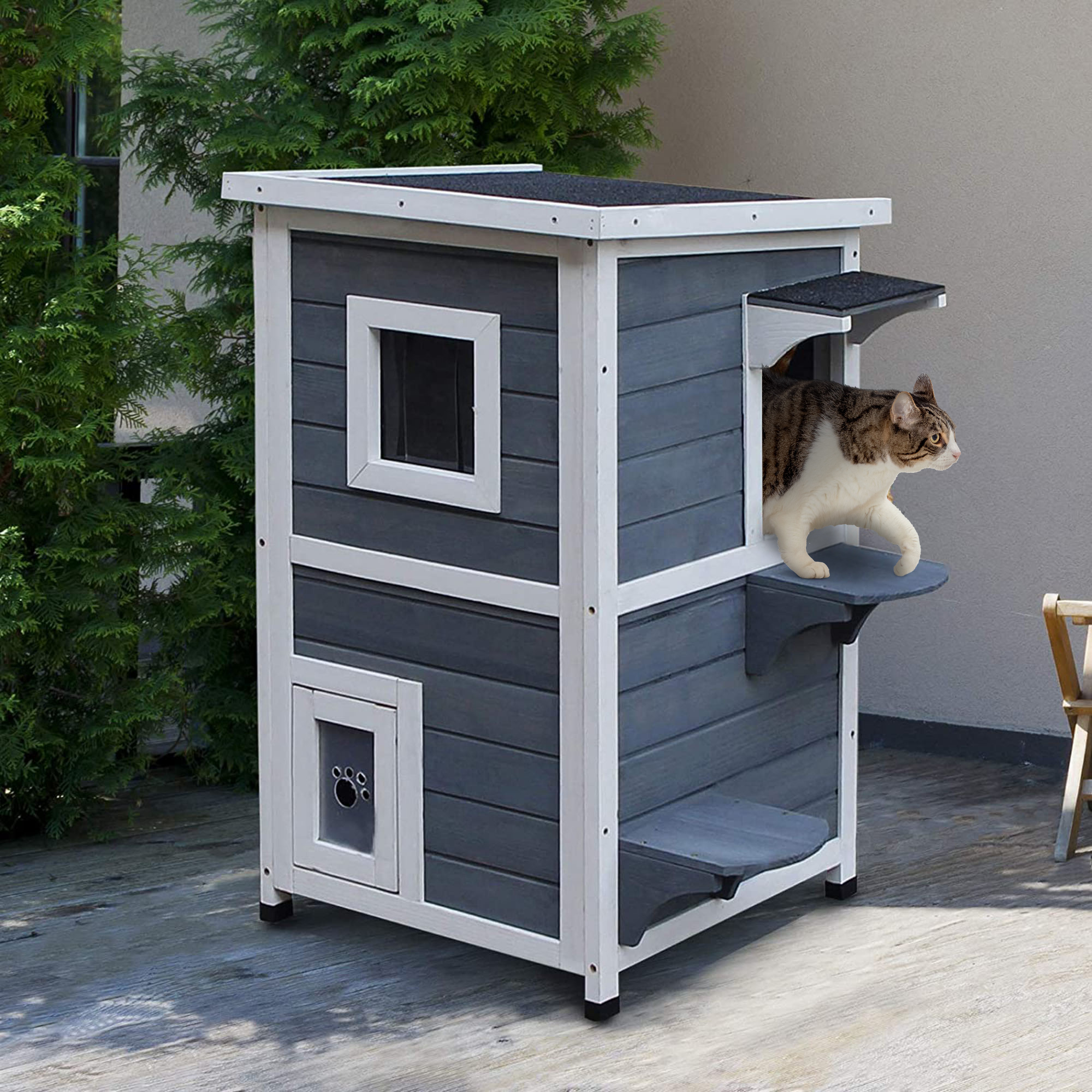 Katzenhaus aus Holz 2 Etagen Winterfest wasserdicht Katzenhütte mit Asphaltdach Treppen Fenster Katzenhöhle Outdoor Schutzhütte für Draußen Garten Balkon 51 x 51 x 81,3 cm Grau