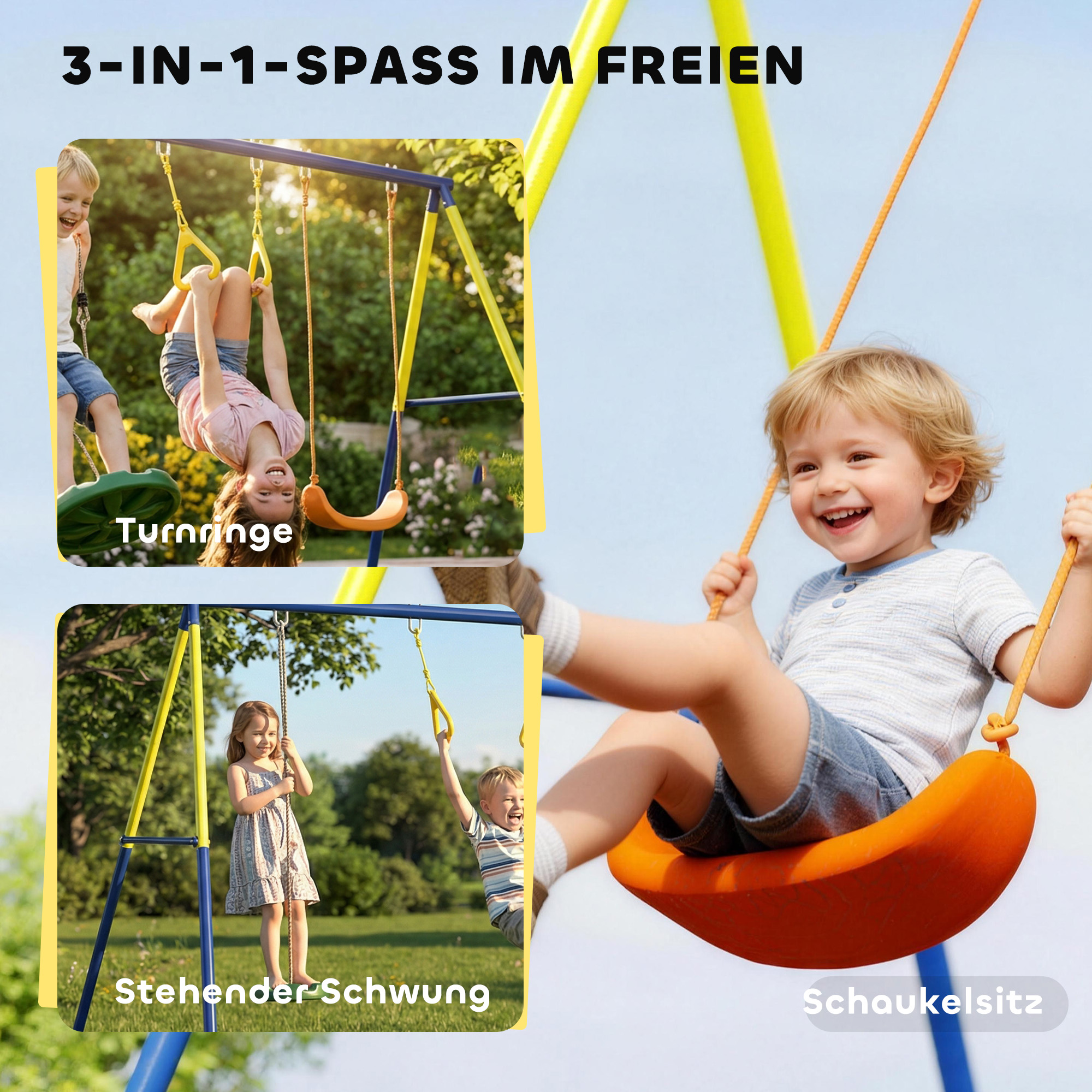 Schaukelgestell bis 150 kg 3-in-1 Kinderschaukel mit klassischer Schaukel, Turnringe, Stehschaukel, 285x160x181 cm