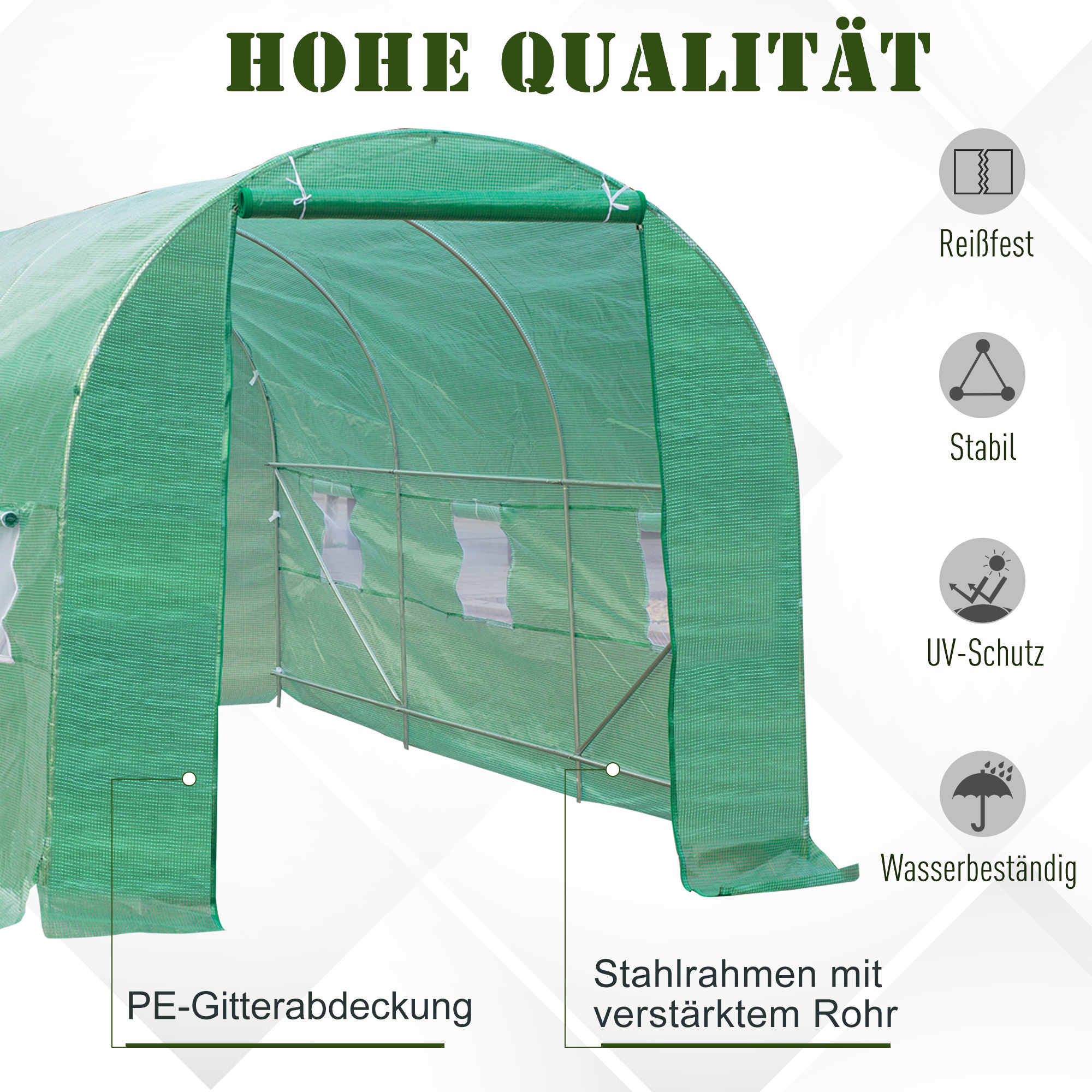 Gewächshaus 445x190x200cm Foliengewächshaus Tomatenhaus Tür mit Moskitonetz, Fenster, Folientunnel aus verzinktem Stahl, stabiles Pflanztunnel, Treibhaus inkl, Erdanker Seilen, Grün