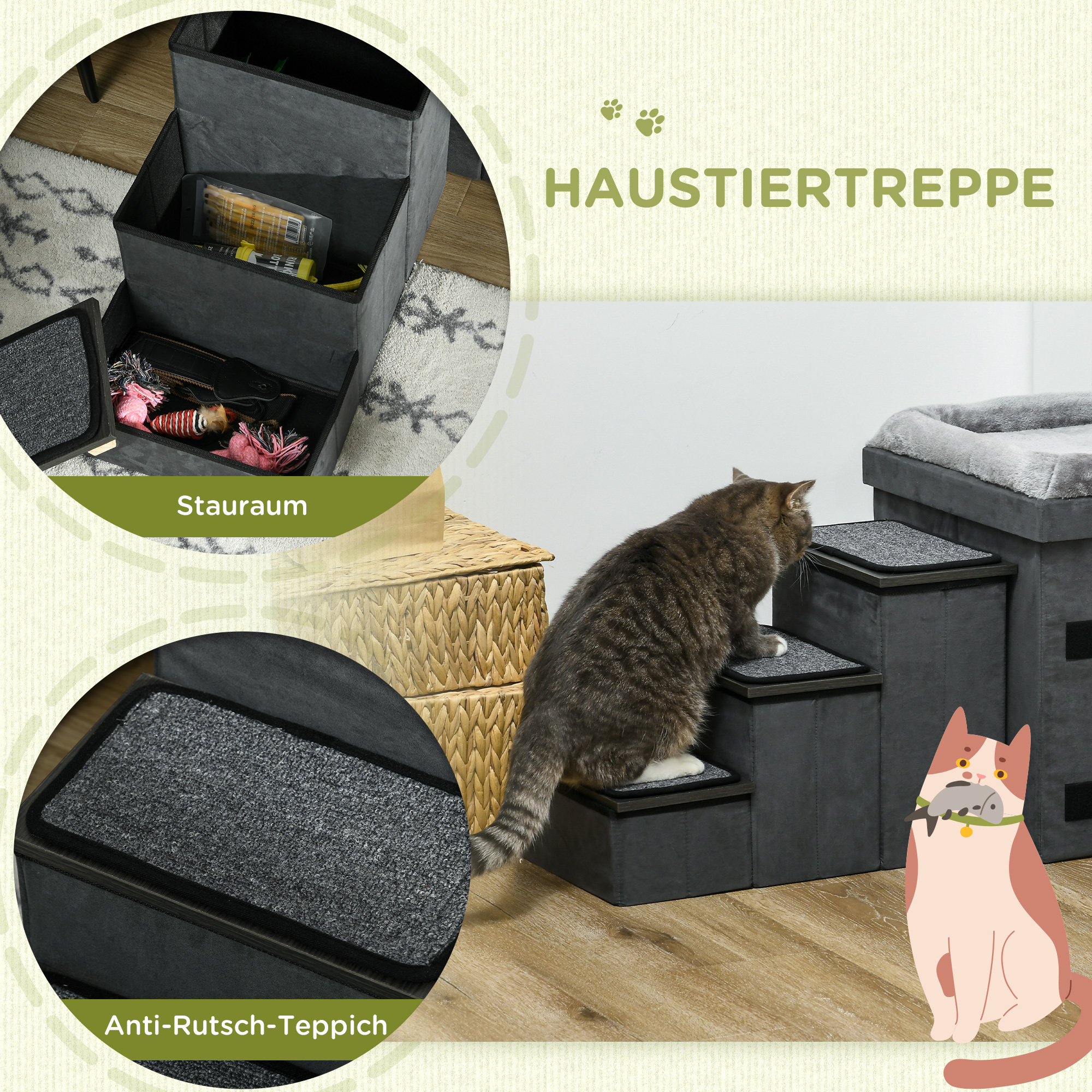 Katzenhaus Katzenhütte Katzenhöhle, 3 Haustiertreppen, 2 Fressnäpfe, 70 x 50 x 51, cm,  Grau