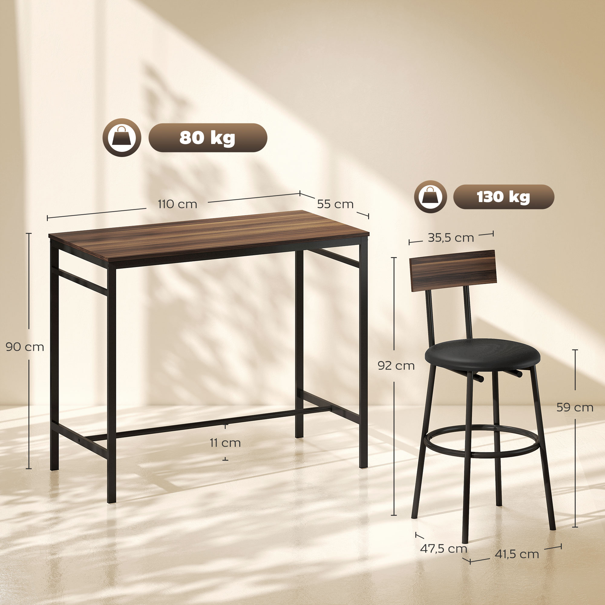 5-teiliges Bartisch-Set mit 4 Stühlen, Industrielles Design, für Küche, Esszimmer, Holz, Stahl, Braun