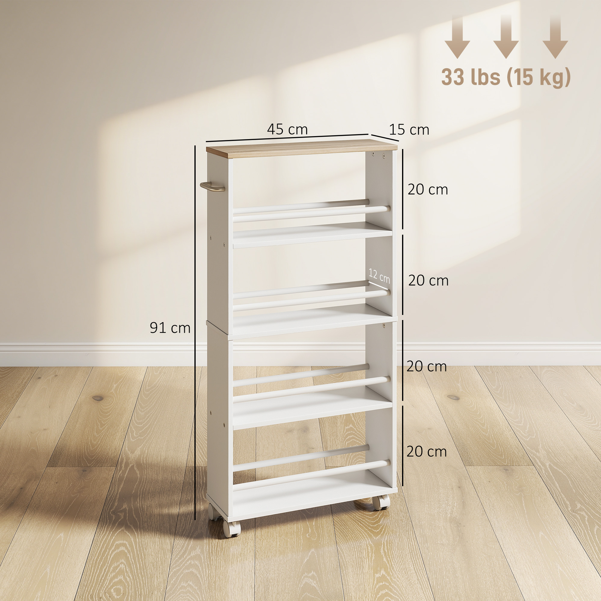 Multifunktionsregal mit Rollen, schmale Bauweise, 4 Fächer, 45x15x91 cm, Natur