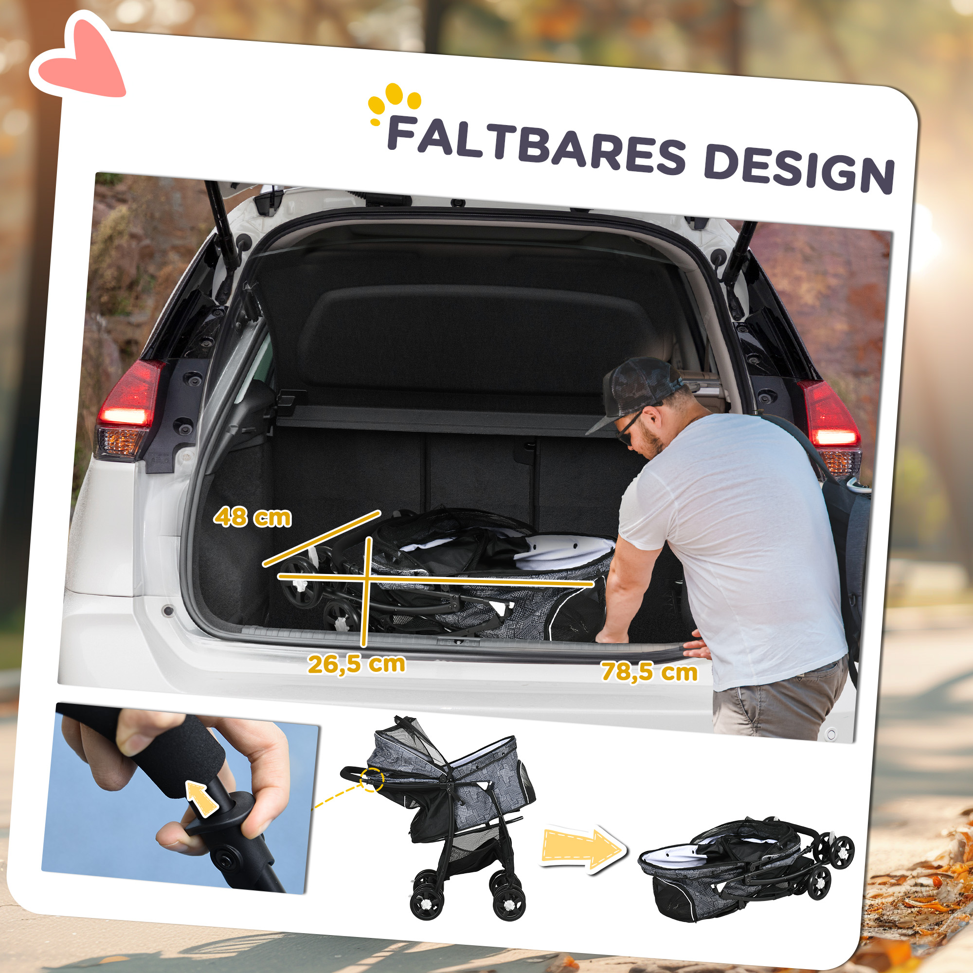 Hundebuggy Hundewagen bis 10kg klappbar verstellbares Vordach Bodenkorb Kissen Seitentasche 81 cm x 48 cm x 99 cm Grau