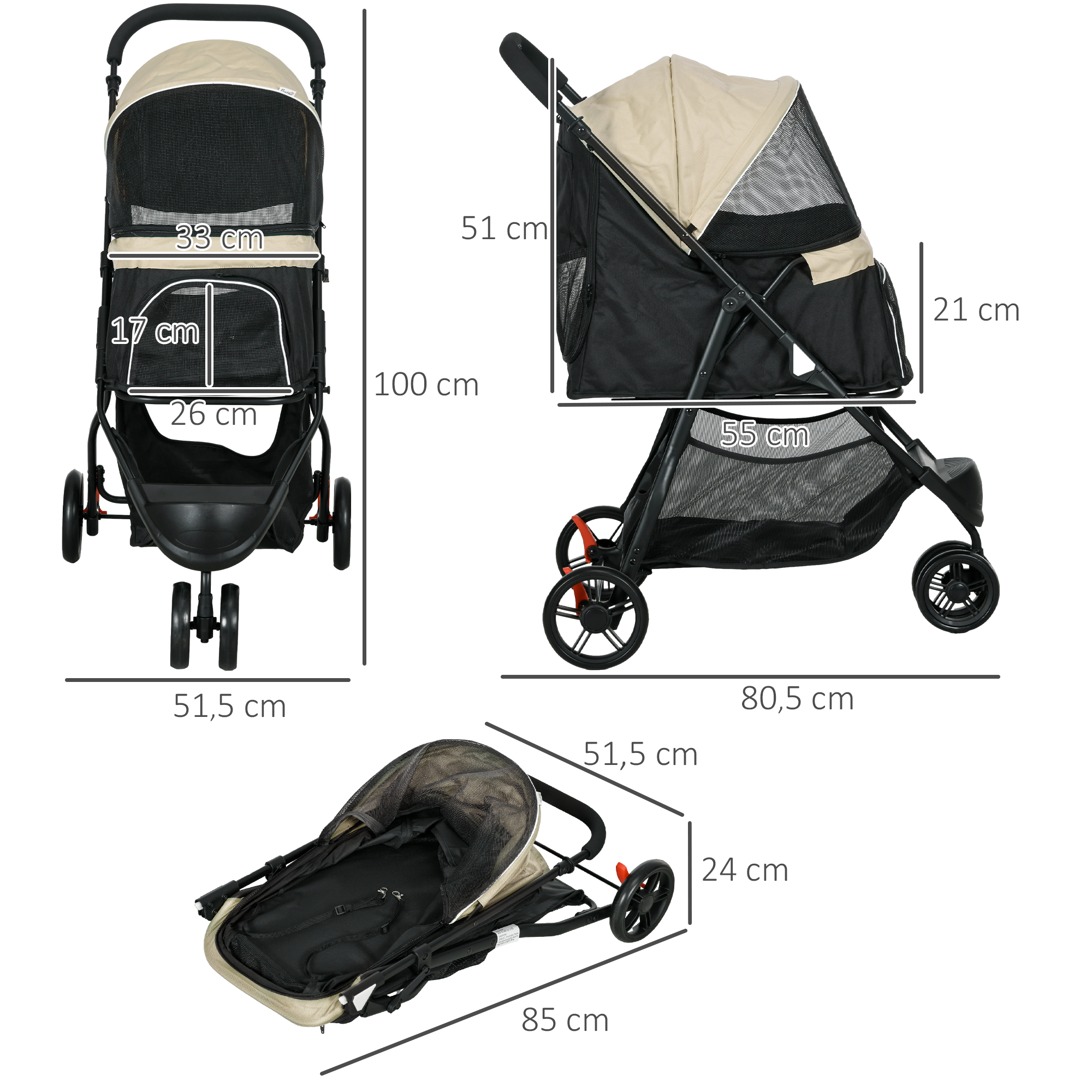 Haustierbuggy Hundebuggy, klappbar, mit Regenschutz, 2 Getränkehalter, Blau +  Khaki