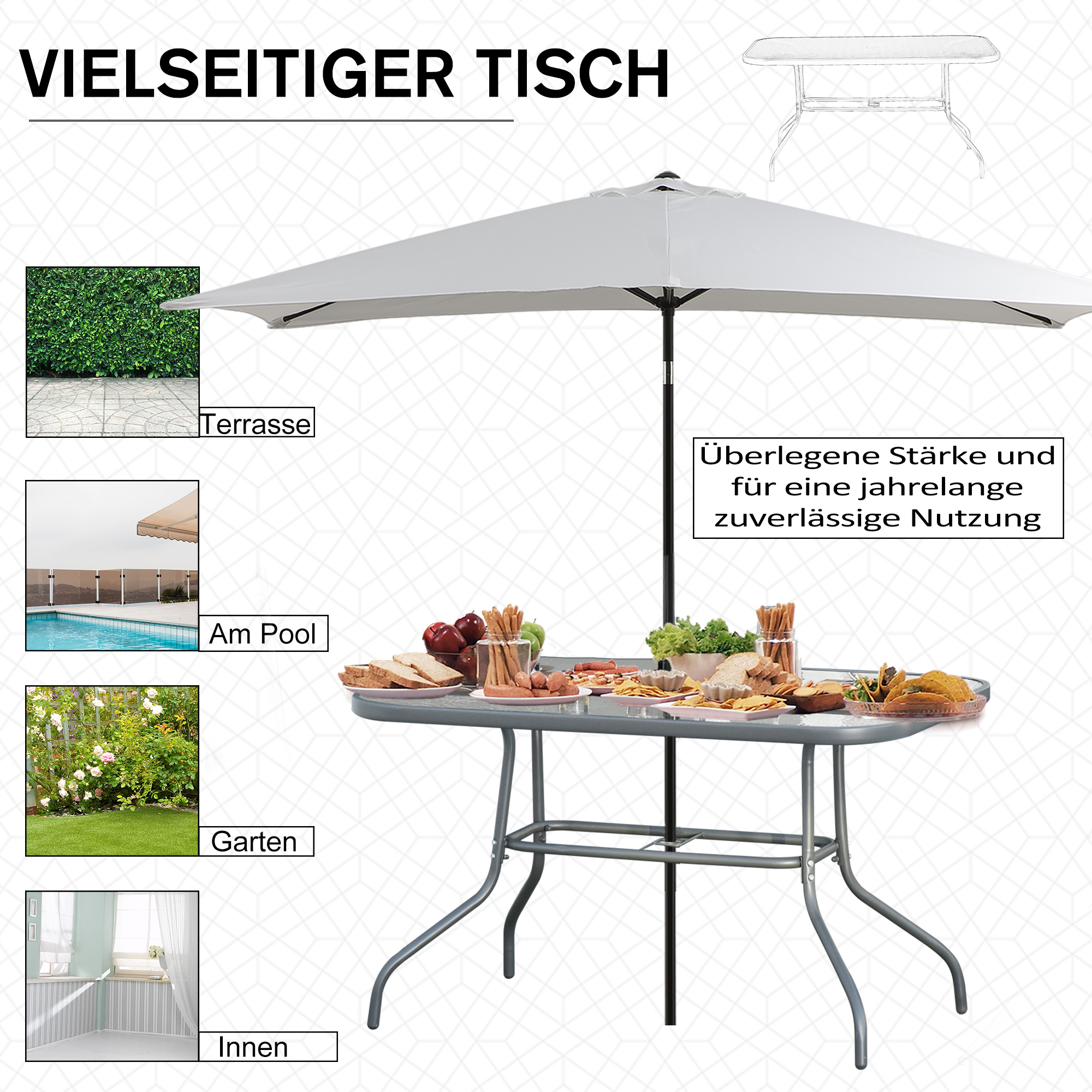 Gartentisch Bistrotisch Balkontisch Garten Beistelltisch Bistrotisch Gartenmöbel mit Glasplatte Schirmloch Hartglas + Metall Carbongrau  120 x 80 x 70 cm